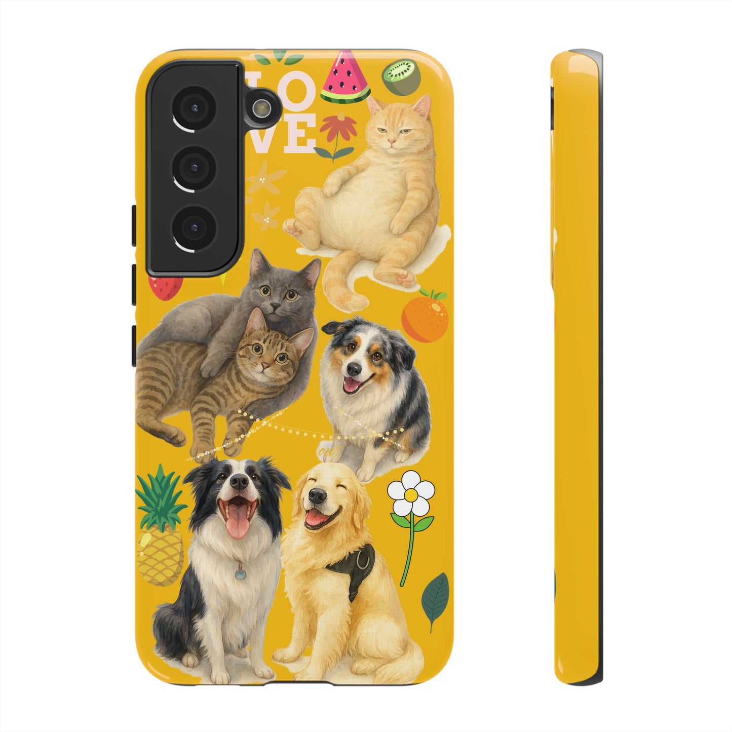60A-5 Dog and Cat Printed Dual-Layer Phone Case In Yellow – Glossy or Matte Finish – iPhone & Android Compatible