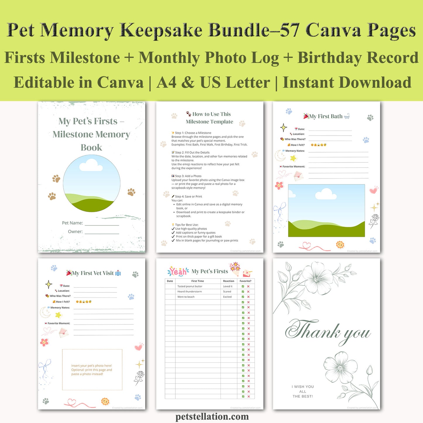 00D6 Pet Memory Keepsake Bundle – Editable Canva Templates for Milestones, Monthly Photo Log & Birthday Records