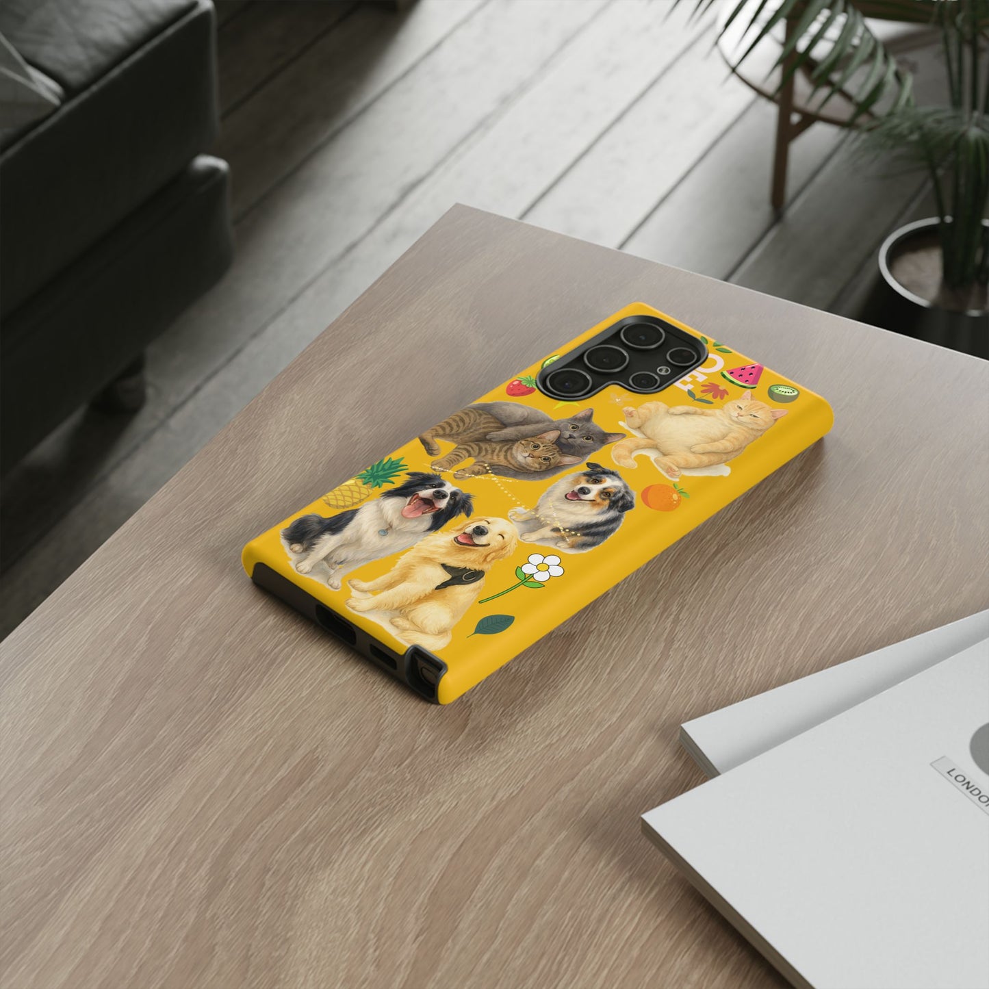 60A-5 Dog and Cat Printed Dual-Layer Phone Case In Yellow – Glossy or Matte Finish – iPhone & Android Compatible