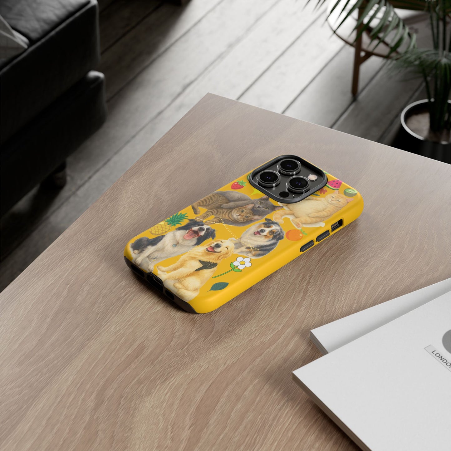 60A-5 Dog and Cat Printed Dual-Layer Phone Case In Yellow – Glossy or Matte Finish – iPhone & Android Compatible