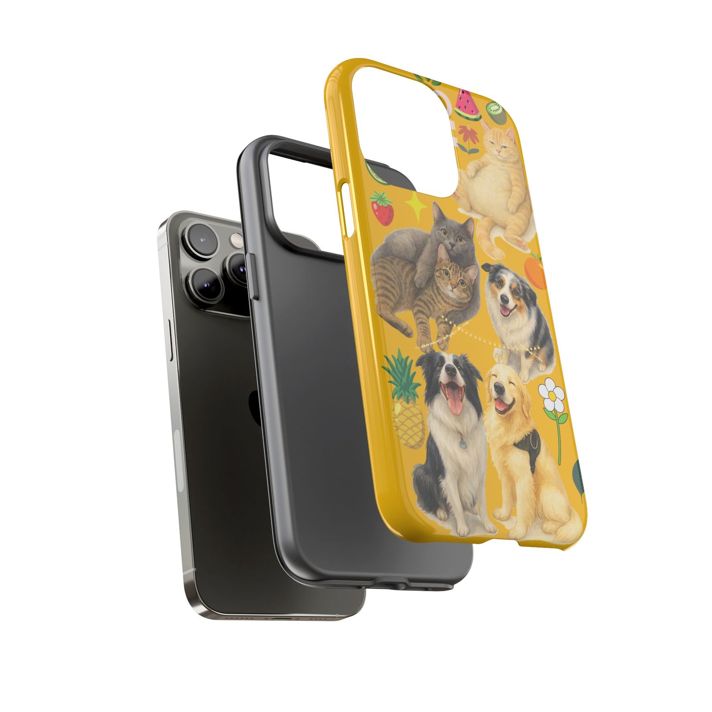 60A-5 Dog and Cat Printed Dual-Layer Phone Case In Yellow – Glossy or Matte Finish – iPhone & Android Compatible