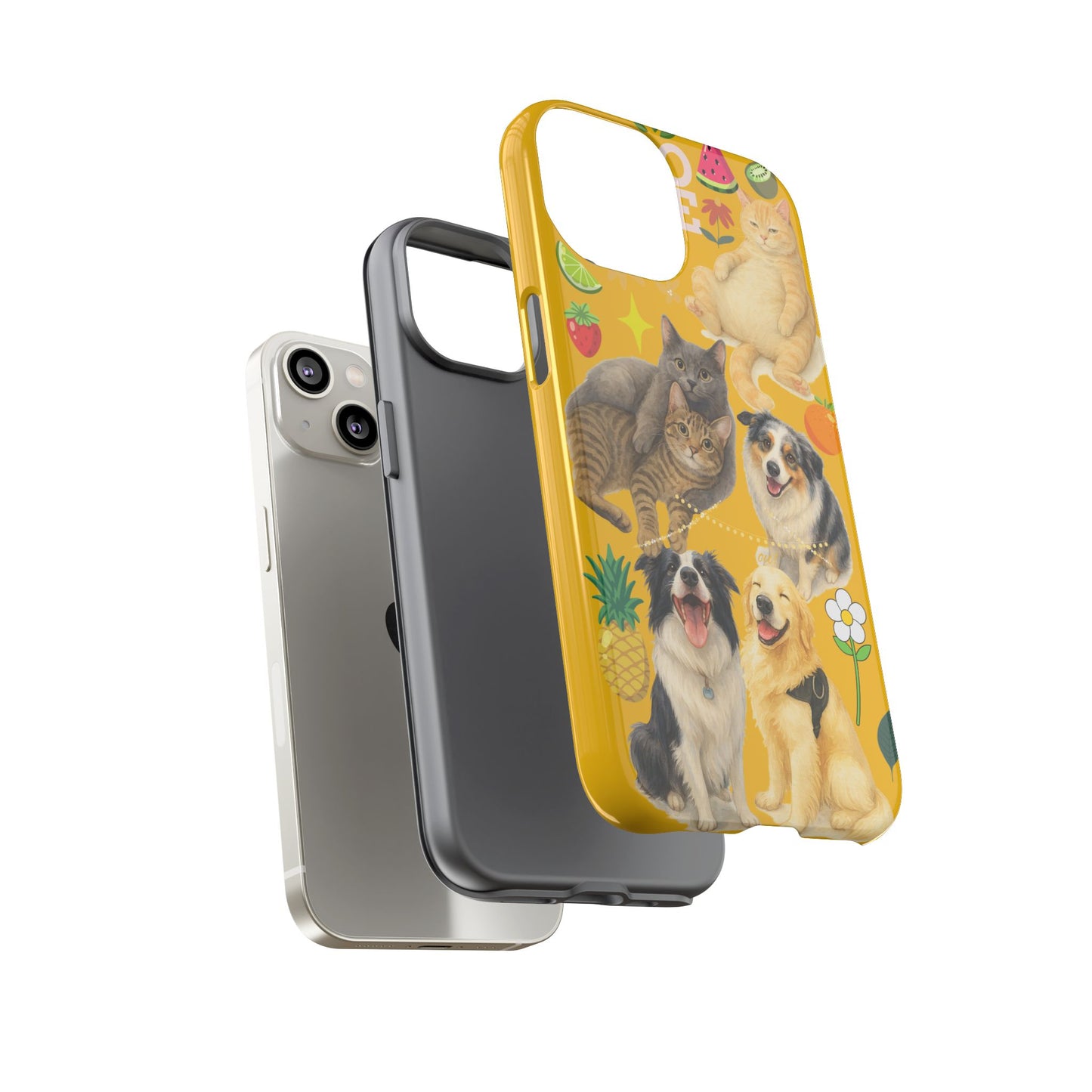 60A-5 Dog and Cat Printed Dual-Layer Phone Case In Yellow – Glossy or Matte Finish – iPhone & Android Compatible