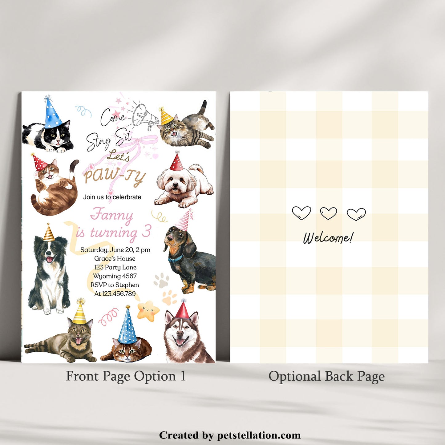 30A Editable Pet Birthday & Adoption Party Invitation Card – Personalized Cat & Dog “Pawty” Celebration