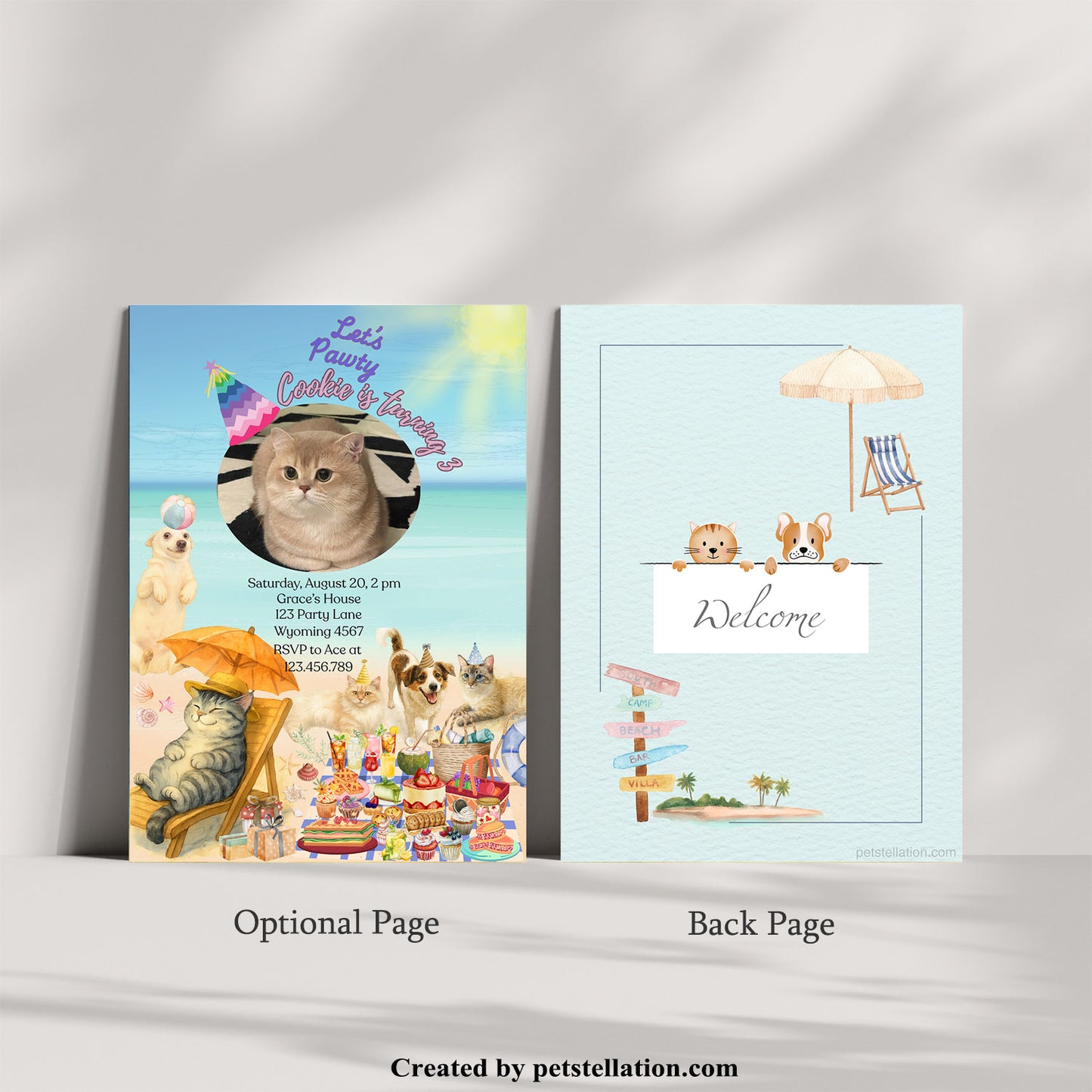 30A2 Whimsical Beach Party Invitation Card – Editable Canva Template with Cats & Dogs, Photo & Text Options