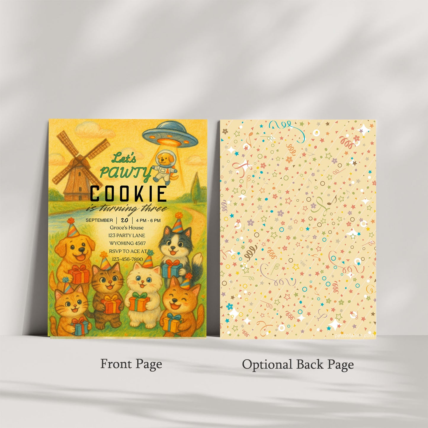 30G Editable Pet Birthday Party Invitation Card Template | Crayon Style Dog & Cat Design | 5x7 Canva Template