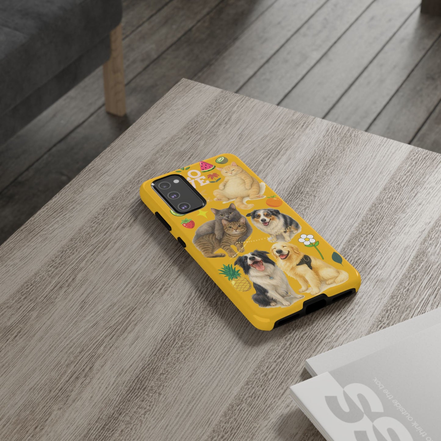 60A-5 Dog and Cat Printed Dual-Layer Phone Case In Yellow – Glossy or Matte Finish – iPhone & Android Compatible