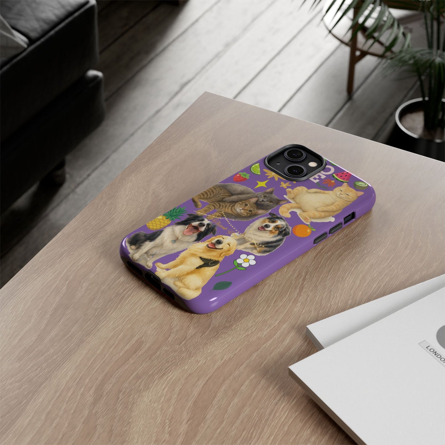 60A-4 Dog and Cat Printed Dual-Layer Phone Case In Purple – Glossy or Matte Finish – iPhone & Android Compatible