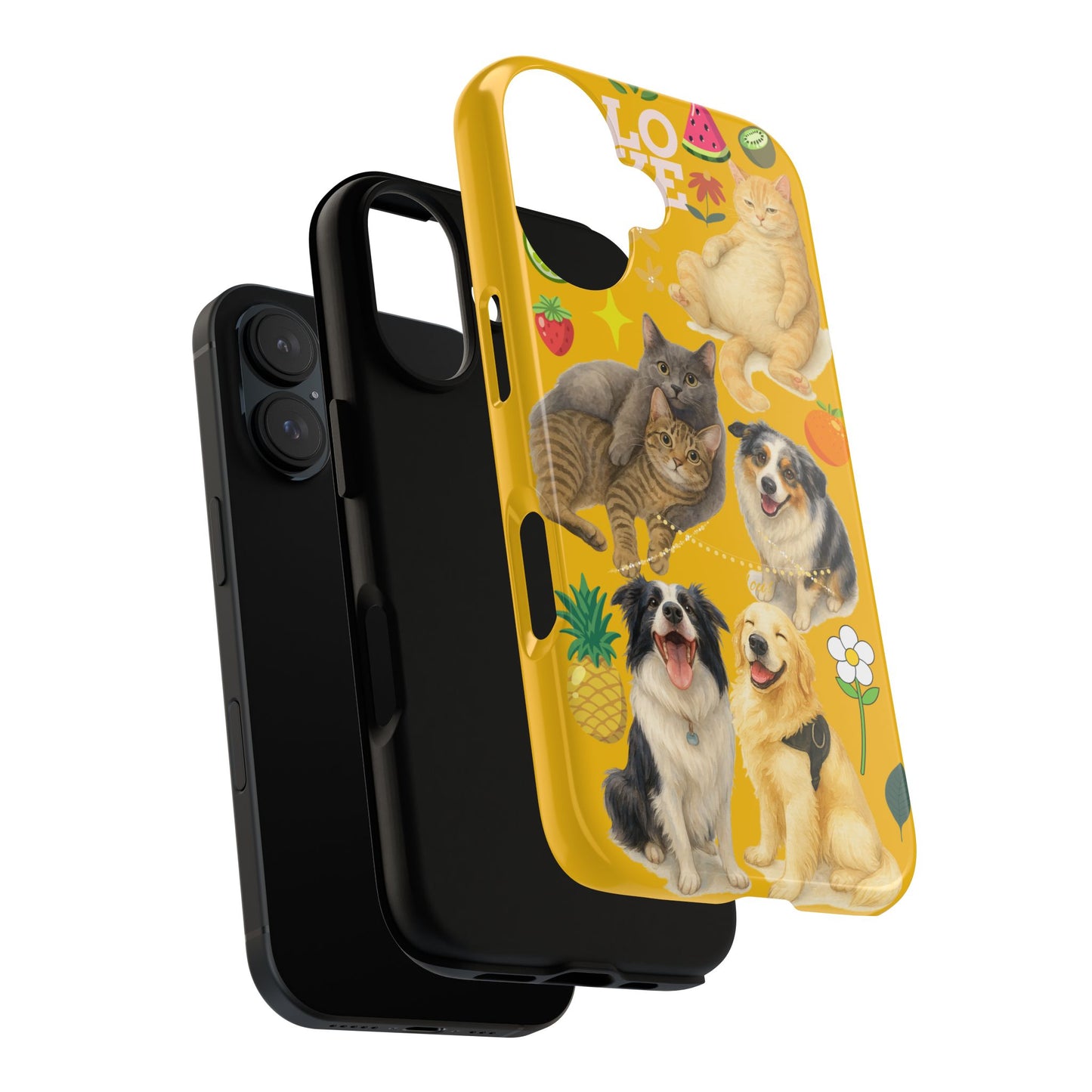 60A-5 Dog and Cat Printed Dual-Layer Phone Case In Yellow – Glossy or Matte Finish – iPhone & Android Compatible