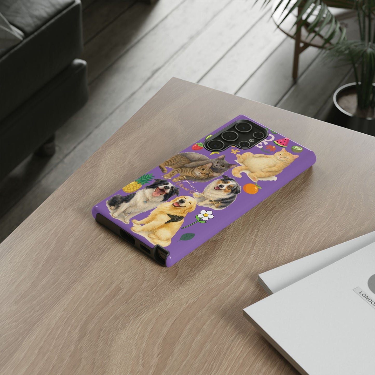 60A-4 Dog and Cat Printed Dual-Layer Phone Case In Purple – Glossy or Matte Finish – iPhone & Android Compatible
