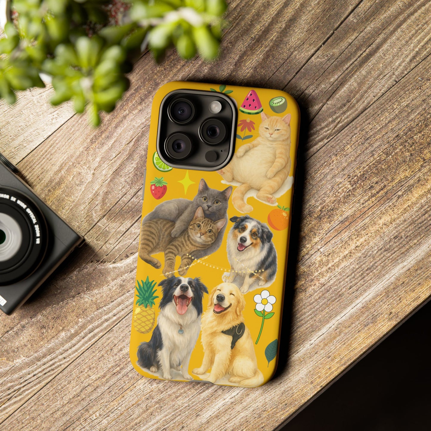 60A-5 Dog and Cat Printed Dual-Layer Phone Case In Yellow – Glossy or Matte Finish – iPhone & Android Compatible