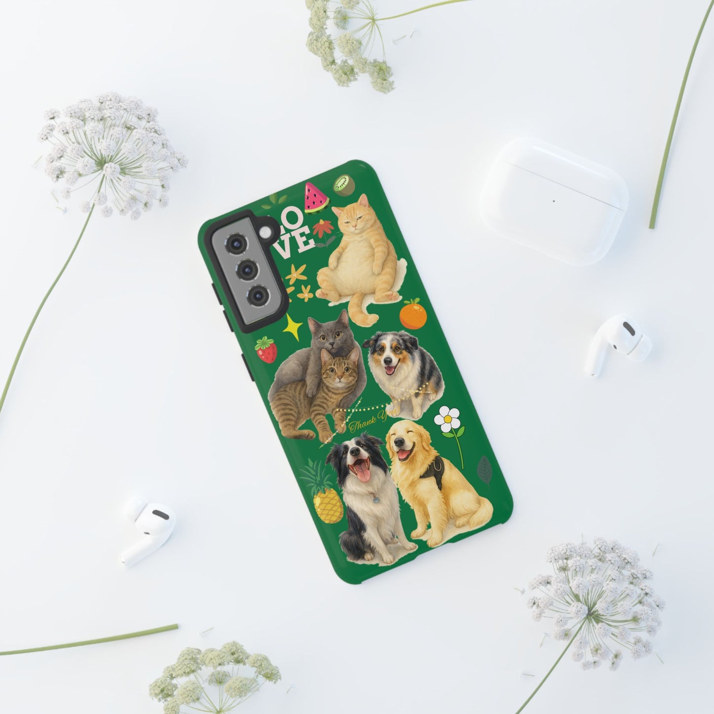 60A-10 Dog and Cat Printed Dual-Layer Phone Case In Dark Green – Glossy or Matte Finish – iPhone & Android Compatible