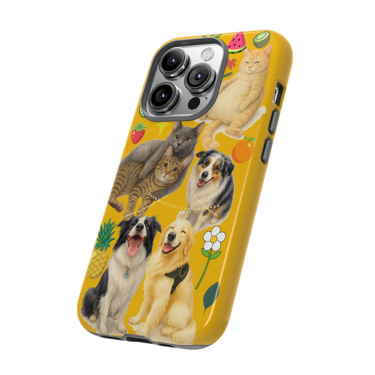 60A-5 Dog and Cat Printed Dual-Layer Phone Case In Yellow – Glossy or Matte Finish – iPhone & Android Compatible
