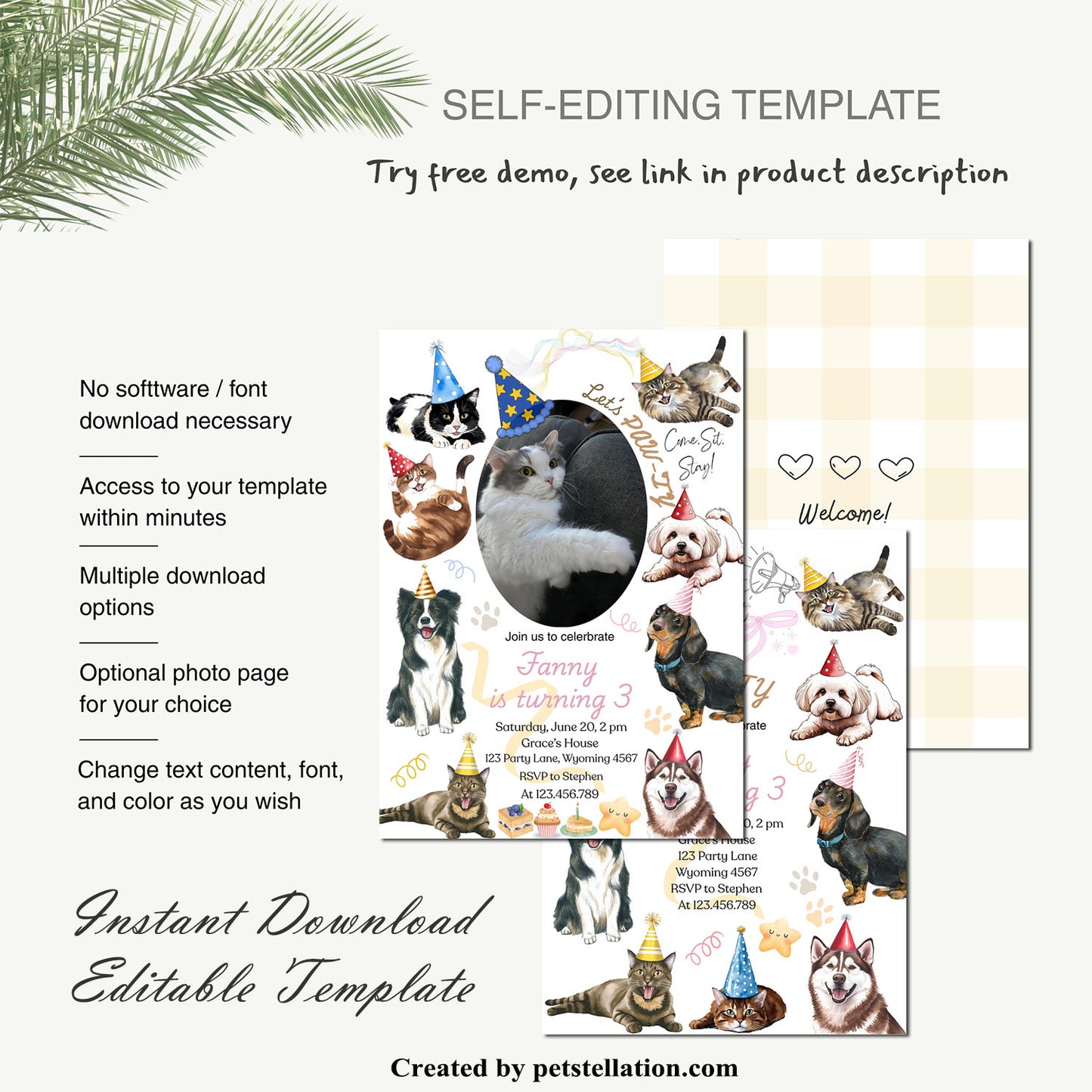 30A Editable Pet Birthday & Adoption Party Invitation Card – Personalized Cat & Dog “Pawty” Celebration