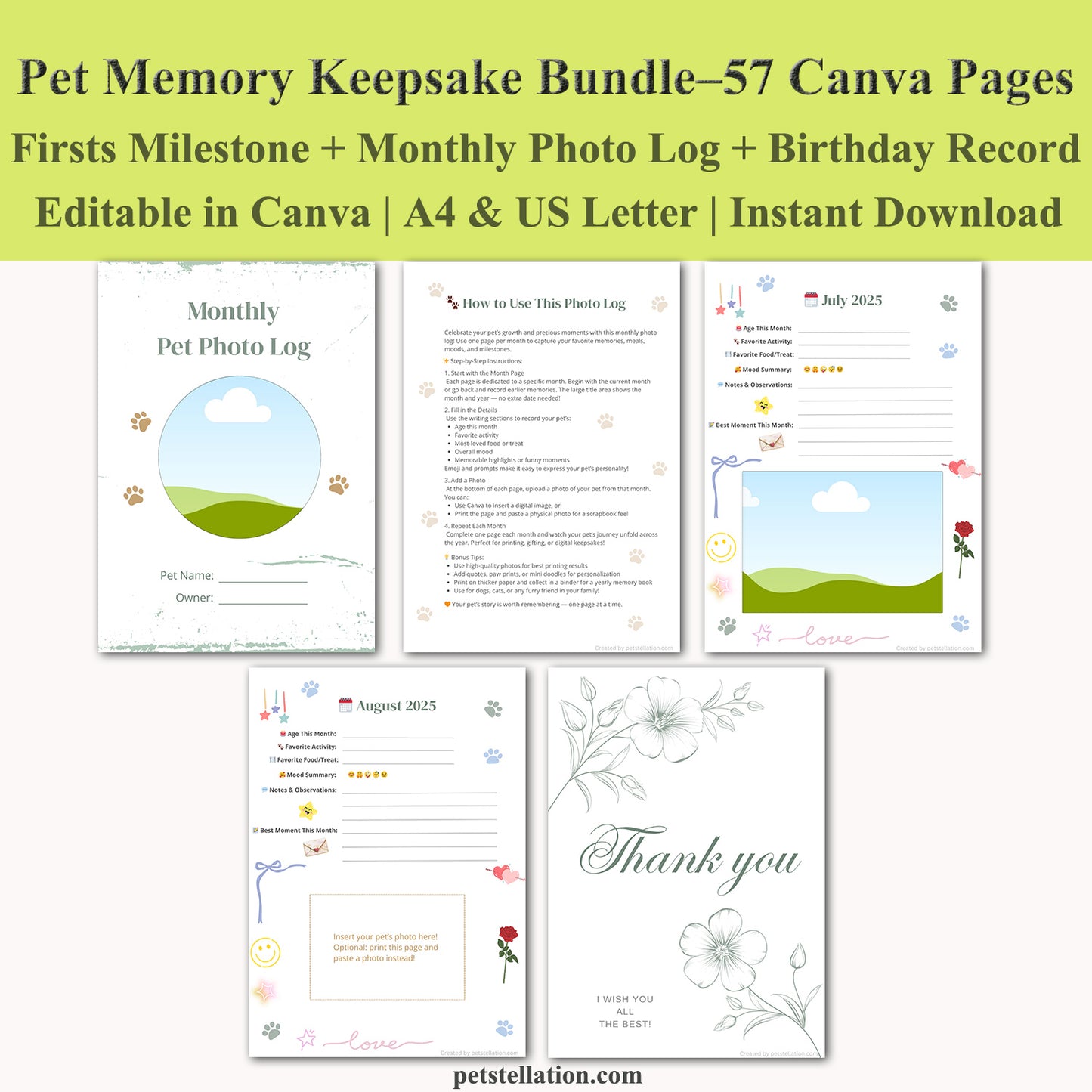 00D6 Pet Memory Keepsake Bundle – Editable Canva Templates for Milestones, Monthly Photo Log & Birthday Records