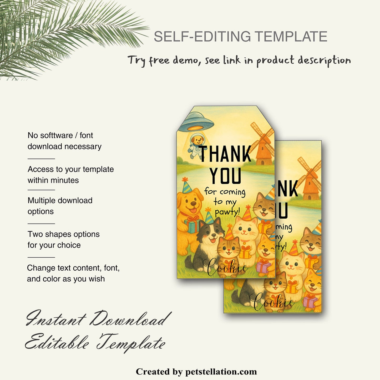 40G Editable Pet Party Thank You Tags | Crayon Style Dog & Cat Gift Tags | Canva Template – 2 Shapes