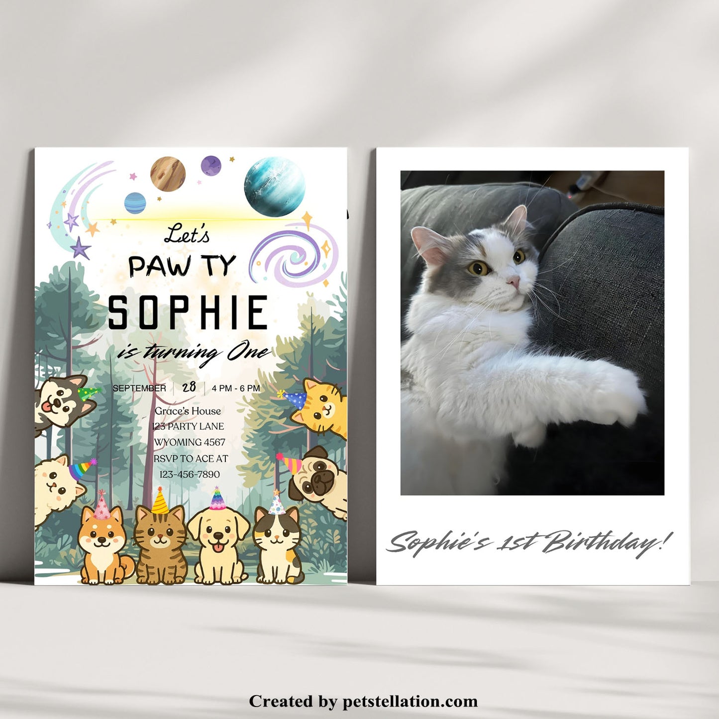30B Editable Cosmic Cat & Dog Adoption Anniversary / Birthday Party Invitation Card – Intergalactic Pet Birthday "Pawty" in the Forest