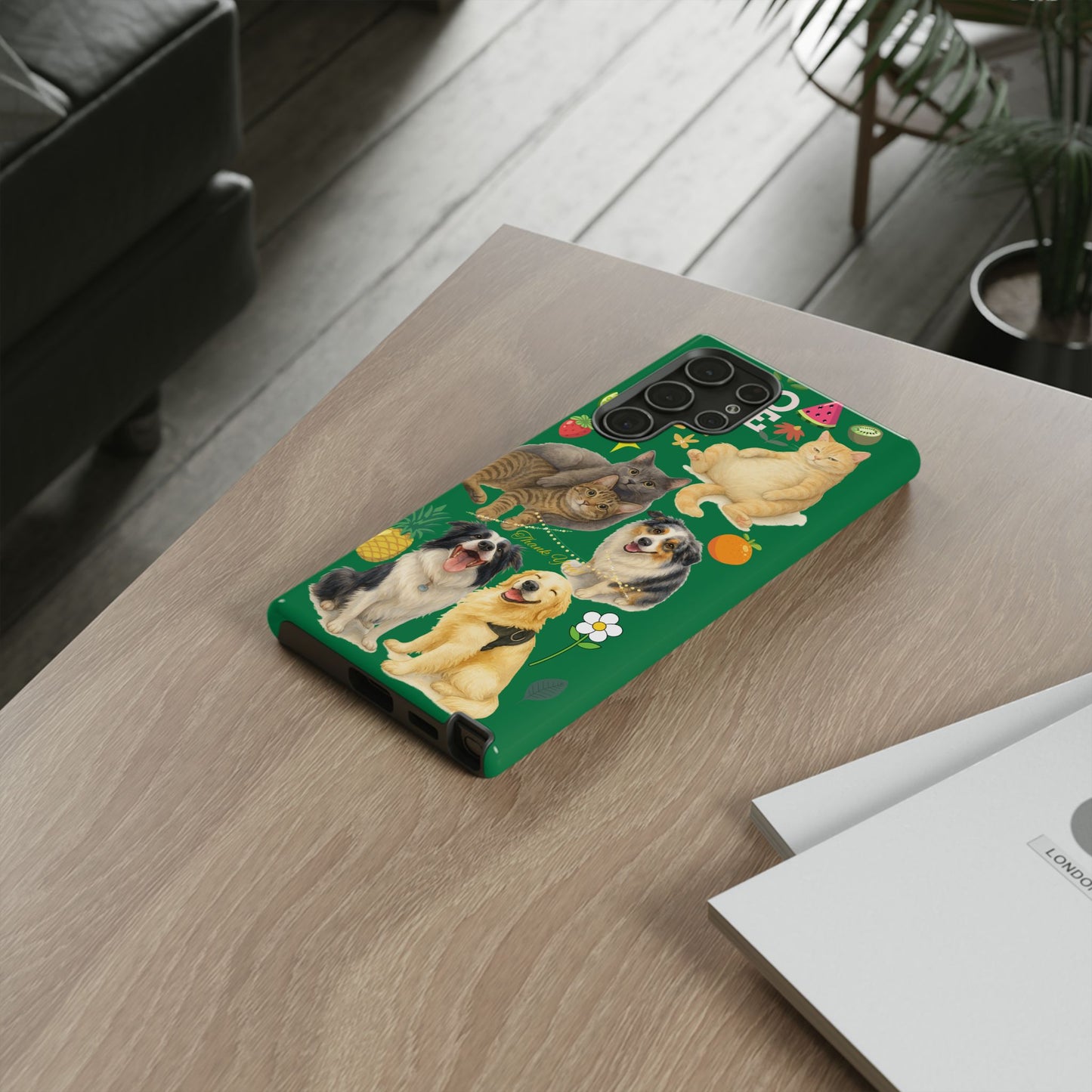 60A-10 Dog and Cat Printed Dual-Layer Phone Case In Dark Green – Glossy or Matte Finish – iPhone & Android Compatible
