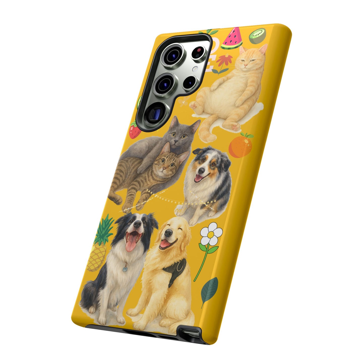 60A-5 Dog and Cat Printed Dual-Layer Phone Case In Yellow – Glossy or Matte Finish – iPhone & Android Compatible