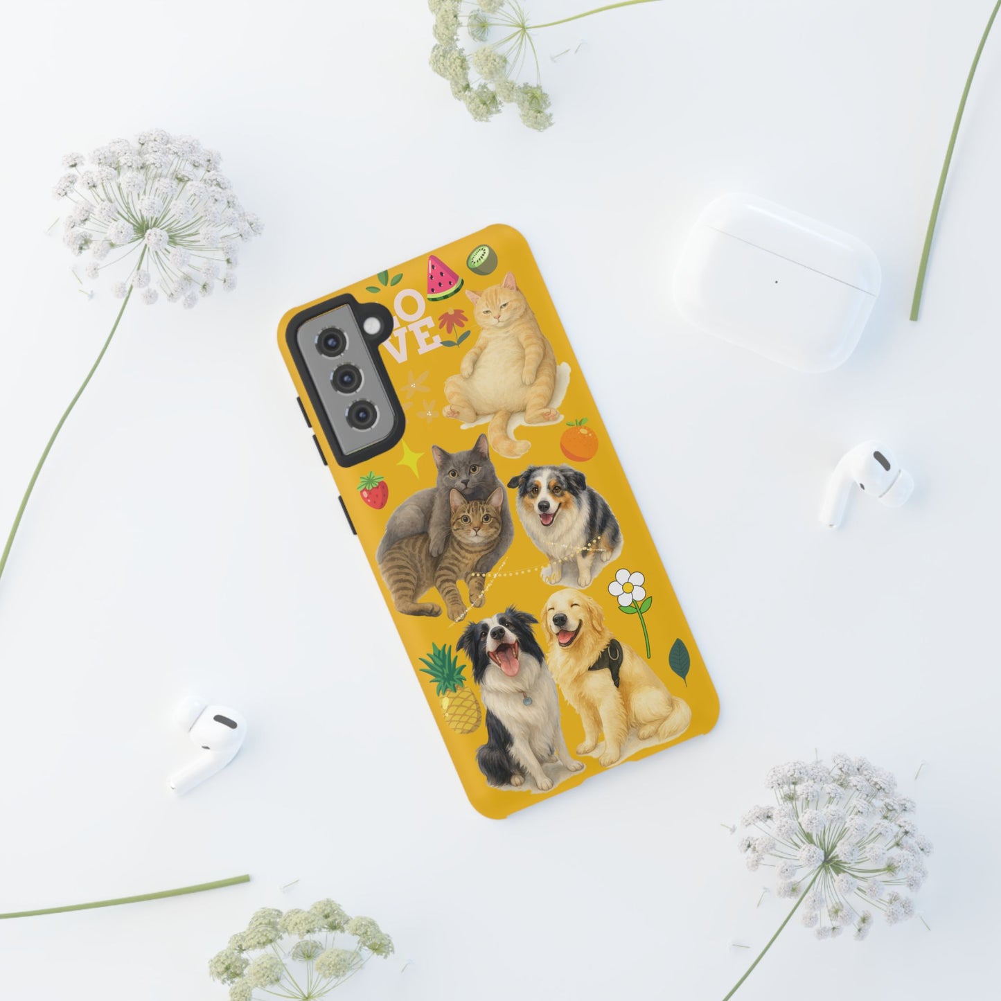 60A-5 Dog and Cat Printed Dual-Layer Phone Case In Yellow – Glossy or Matte Finish – iPhone & Android Compatible
