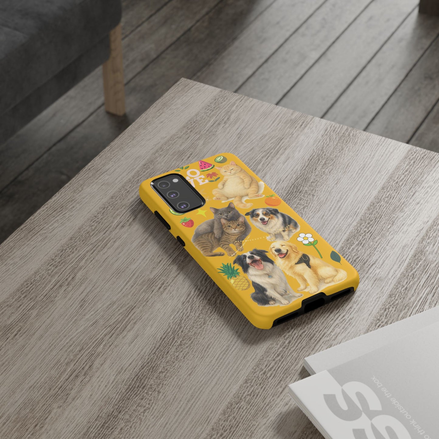 60A-5 Dog and Cat Printed Dual-Layer Phone Case In Yellow – Glossy or Matte Finish – iPhone & Android Compatible