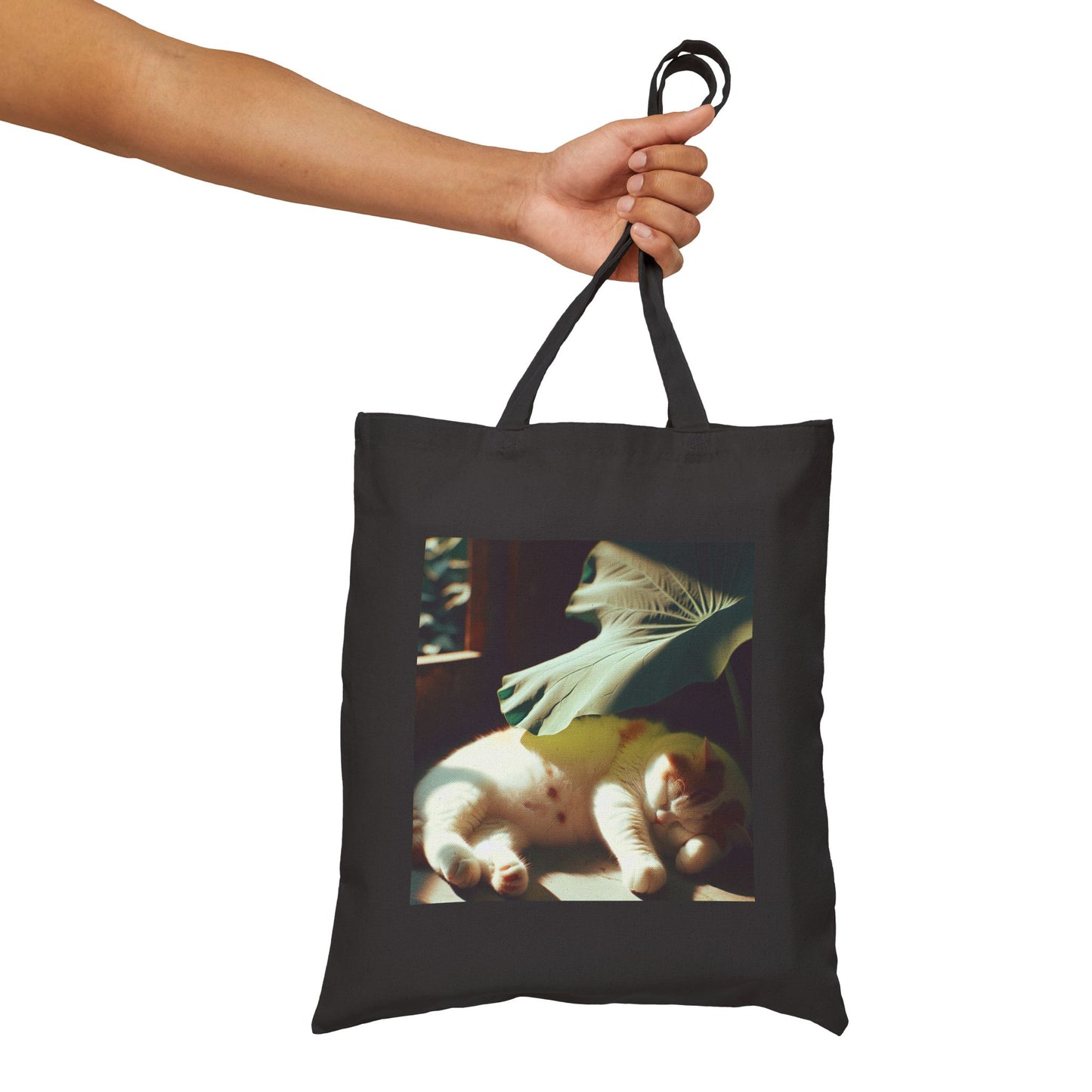 72B3 Lazy Cat Summer Tote Bag – Lotus Leaf Illustration on Heavy Cotton Canvas