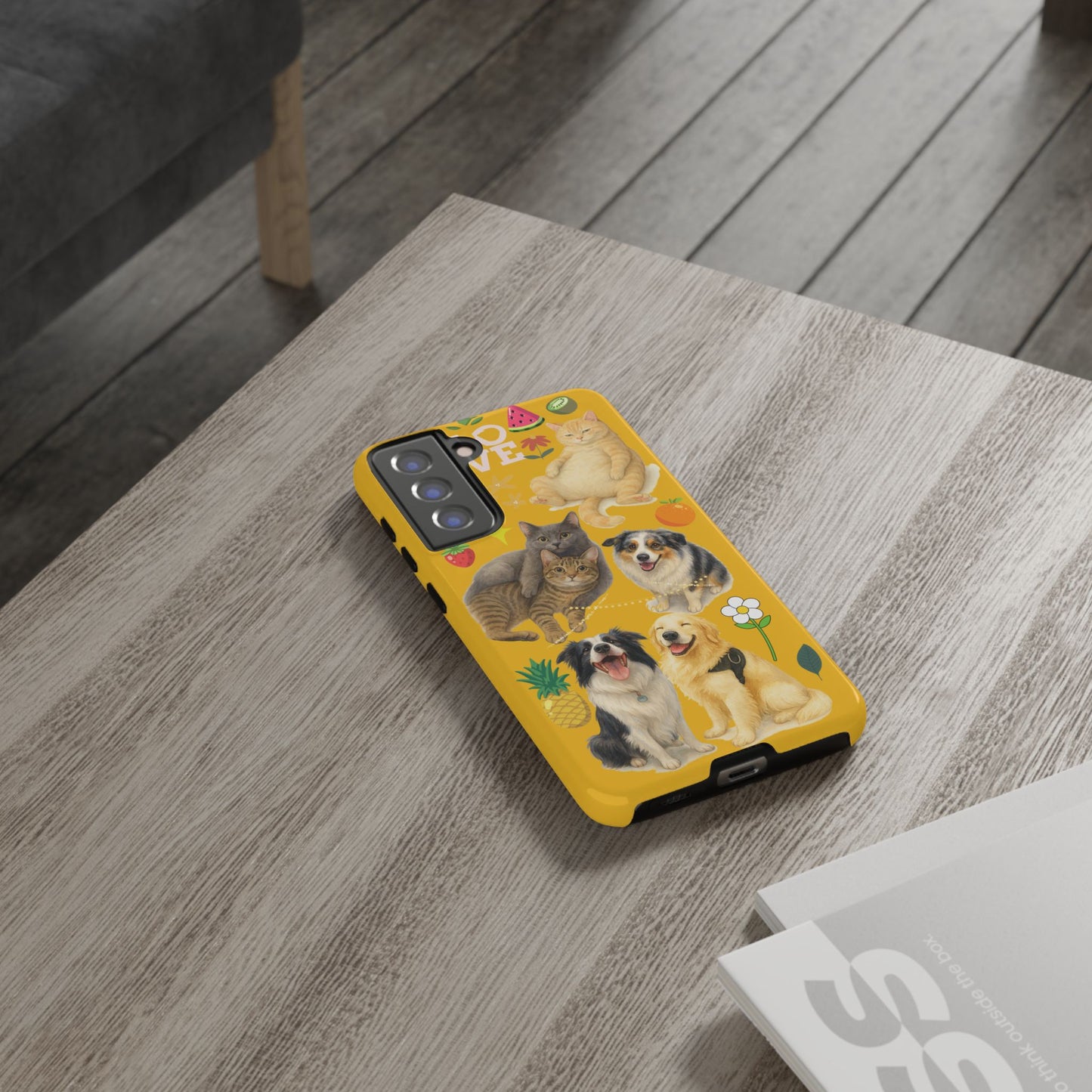 60A-5 Dog and Cat Printed Dual-Layer Phone Case In Yellow – Glossy or Matte Finish – iPhone & Android Compatible