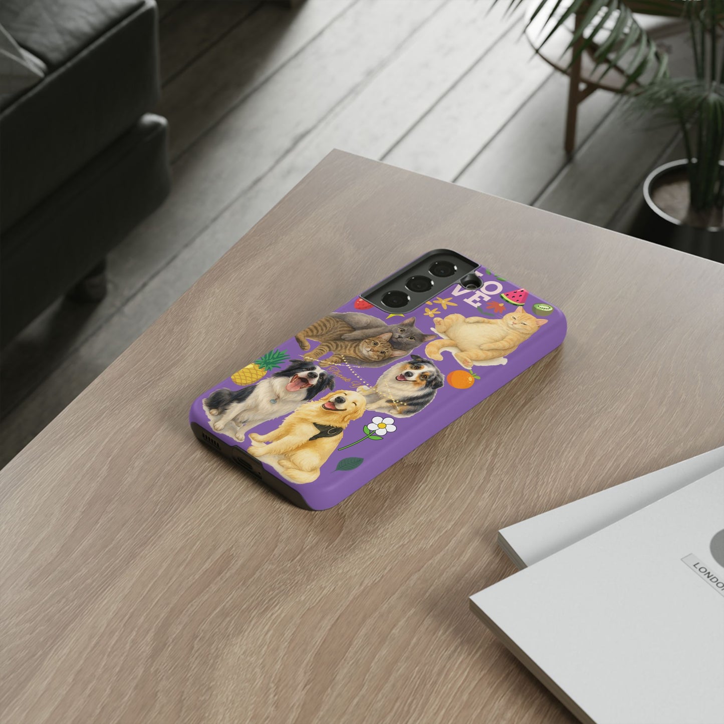 60A-4 Dog and Cat Printed Dual-Layer Phone Case In Purple – Glossy or Matte Finish – iPhone & Android Compatible