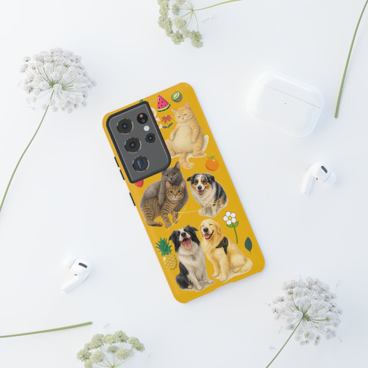60A-5 Dog and Cat Printed Dual-Layer Phone Case In Yellow – Glossy or Matte Finish – iPhone & Android Compatible