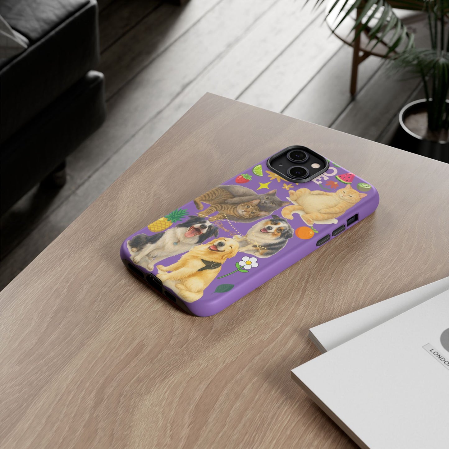 60A-4 Dog and Cat Printed Dual-Layer Phone Case In Purple – Glossy or Matte Finish – iPhone & Android Compatible