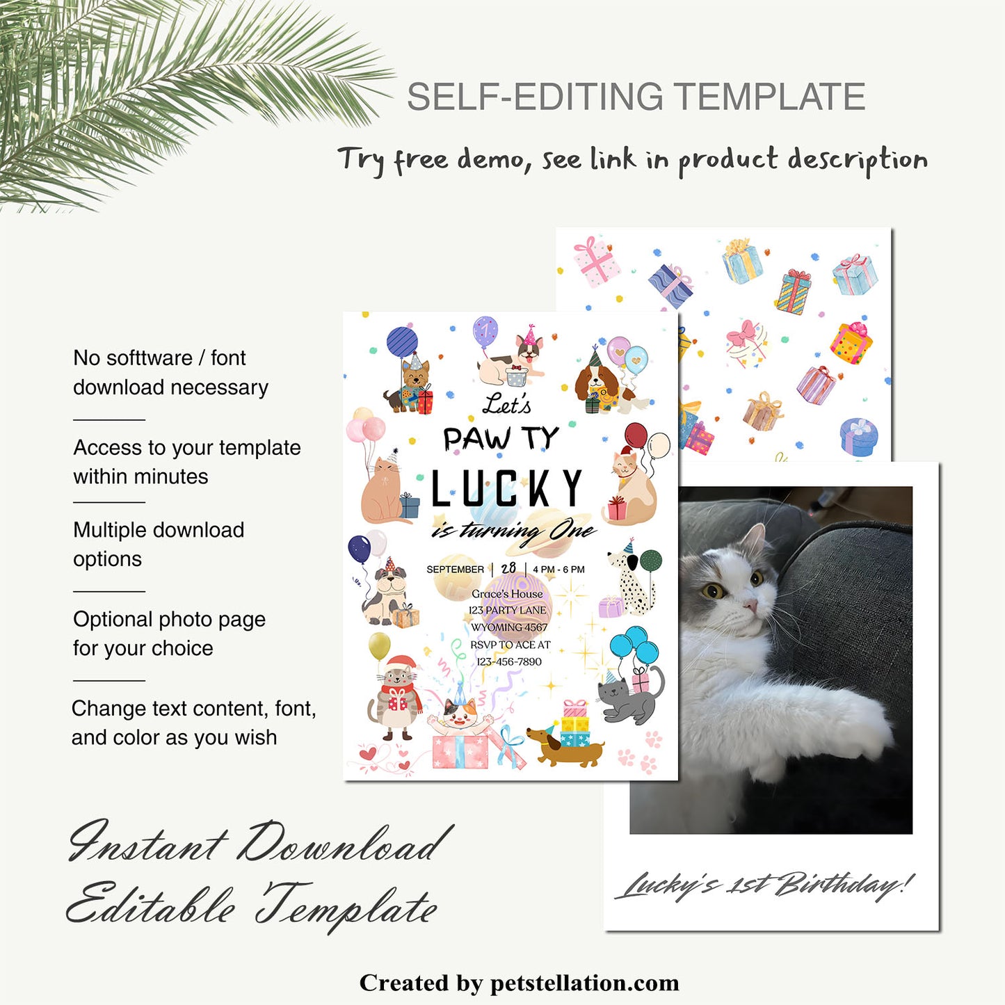 30D Editable Pet Birthday & Gotcha Day Cards – Instant Download Cat & Dog Greeting Cards For Party Invitation