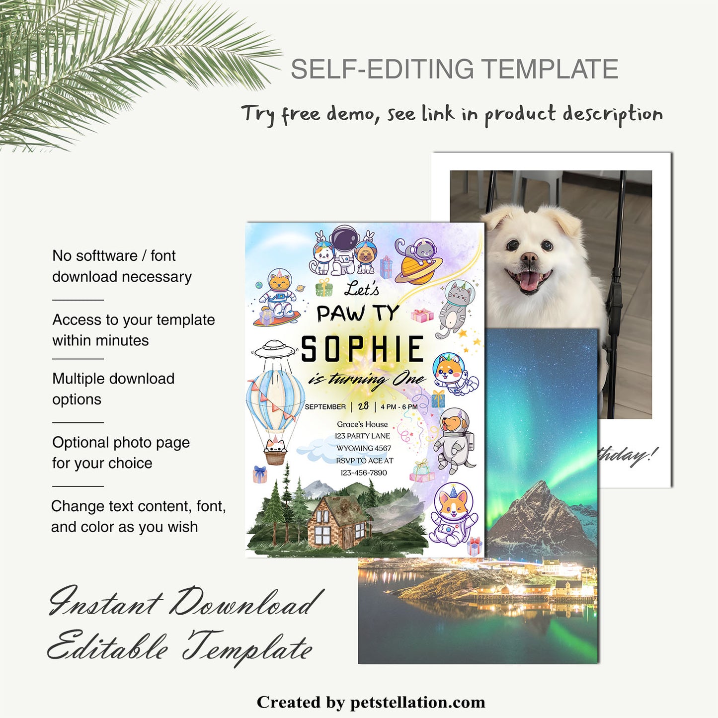 30C Editable Pet Birthday Cards – Canva Template with Space Theme Perfect for Cat and Dog Gotcha Days or Birthday Pawties