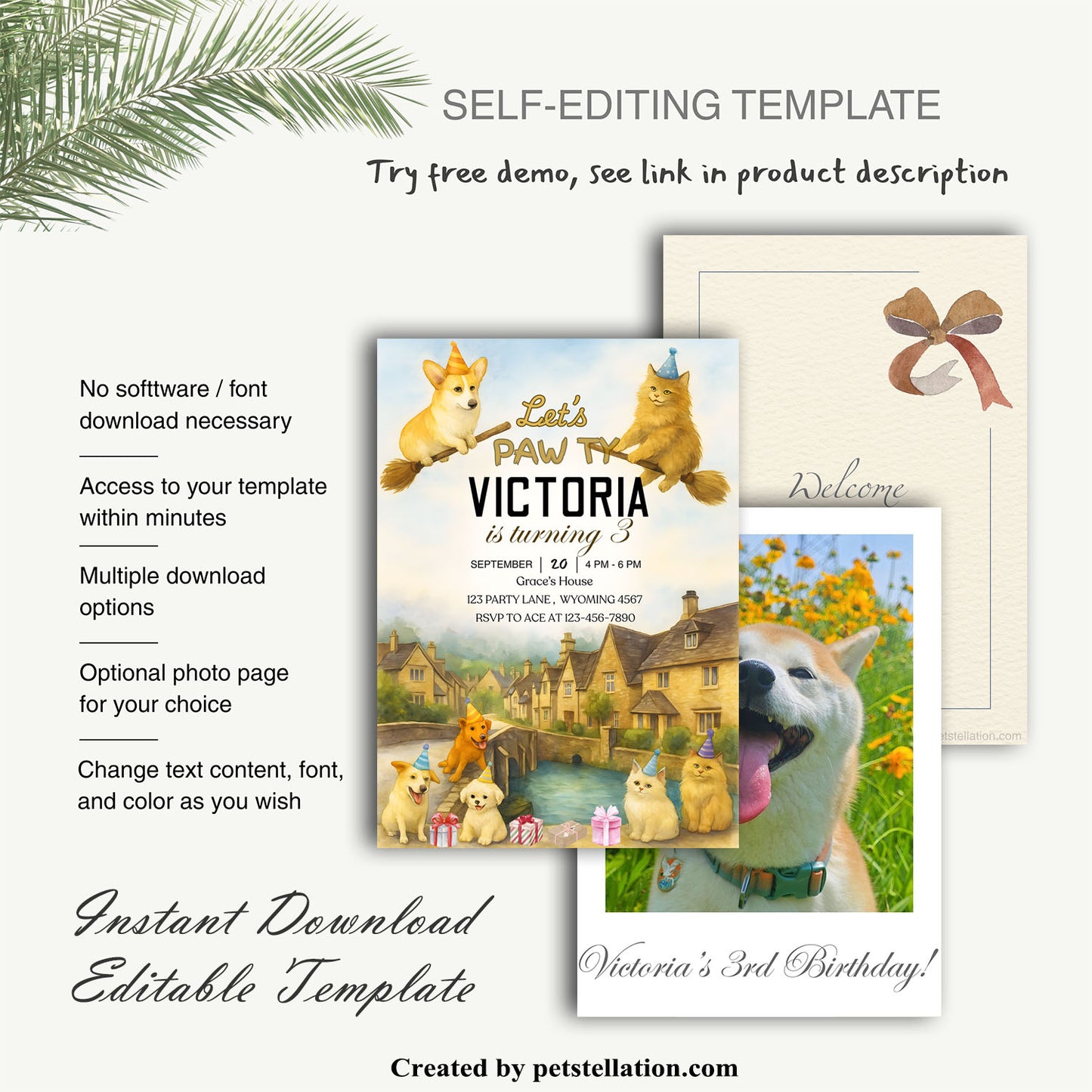 30A3 Editable Pet Birthday Invitation Canva Template – British-Inspired Watercolor Card with Dogs & Cats | Custom Text + Optional Photo Insert + Elegant Back Design