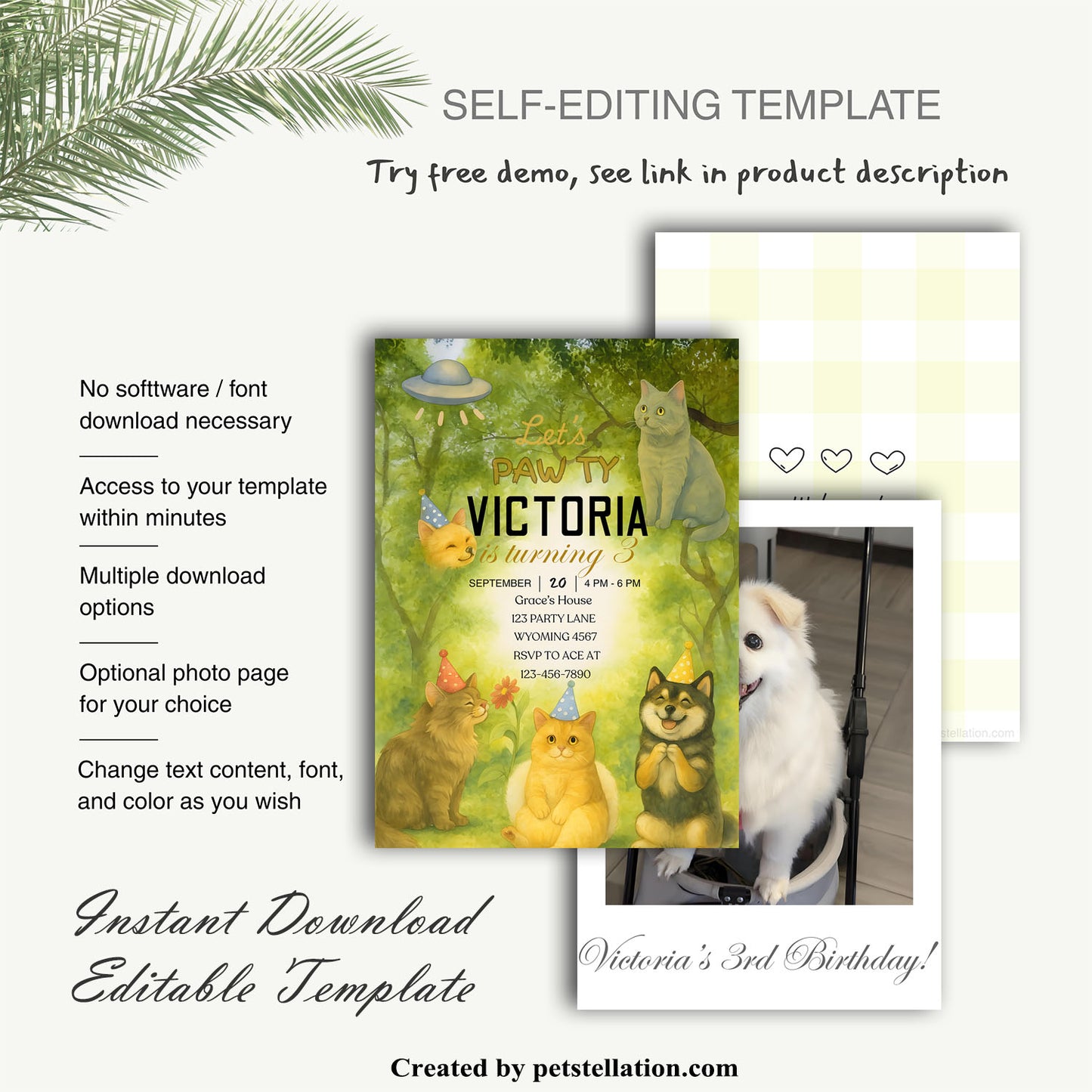 30A1 Editable Pet Birthday Invitation Canva Template – Dog or Cat Party Invite – 5x7” Custom Printable Card