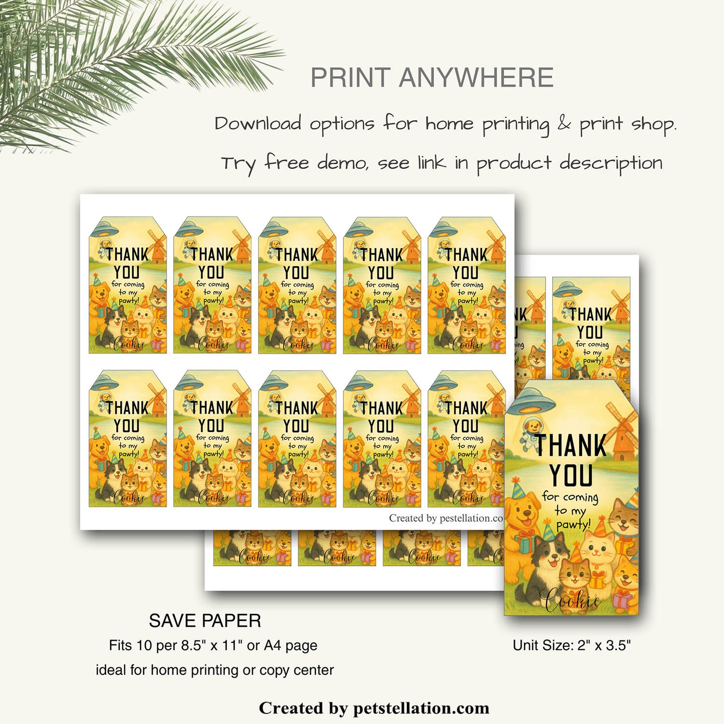 40G Editable Pet Party Thank You Tags | Crayon Style Dog & Cat Gift Tags | Canva Template – 2 Shapes