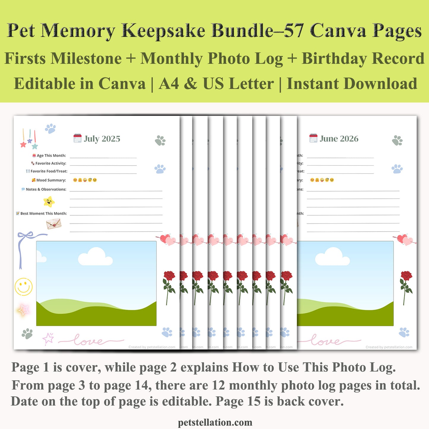00D6 Pet Memory Keepsake Bundle – Editable Canva Templates for Milestones, Monthly Photo Log & Birthday Records