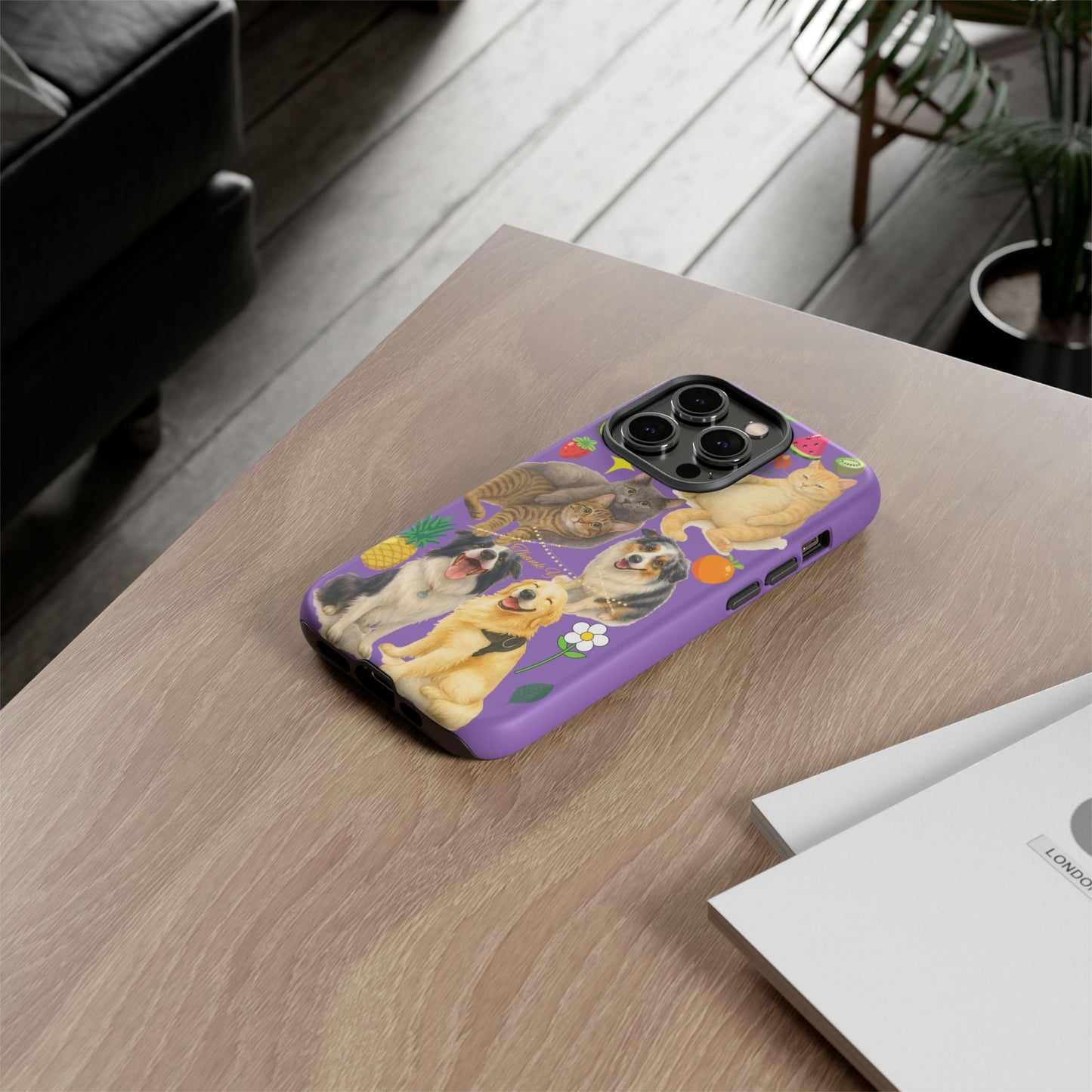 60A-4 Dog and Cat Printed Dual-Layer Phone Case In Purple – Glossy or Matte Finish – iPhone & Android Compatible