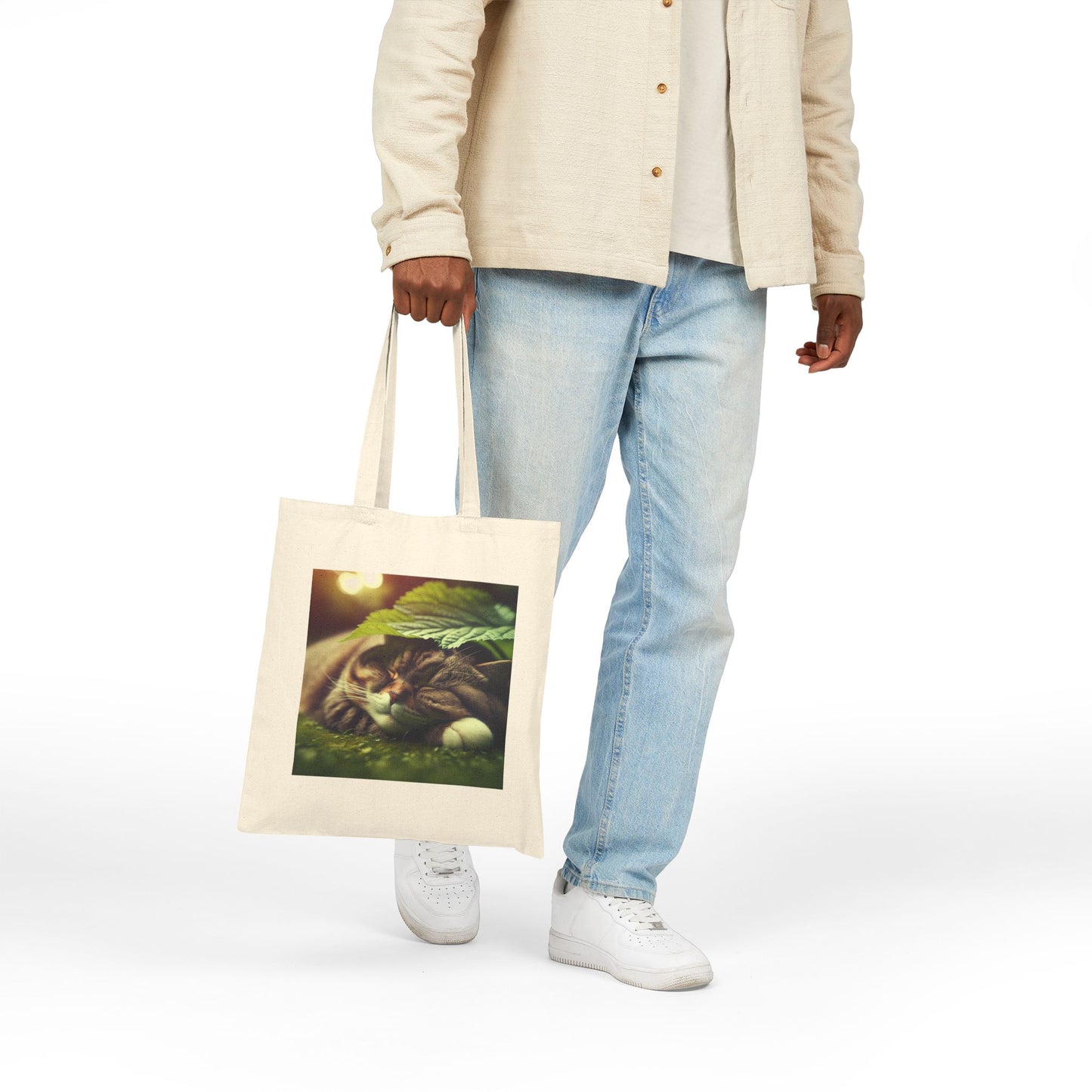 72B4 Cat Under Lotus Leaf Tote Bag – Moonlit Nature Scene on Cotton Canvas