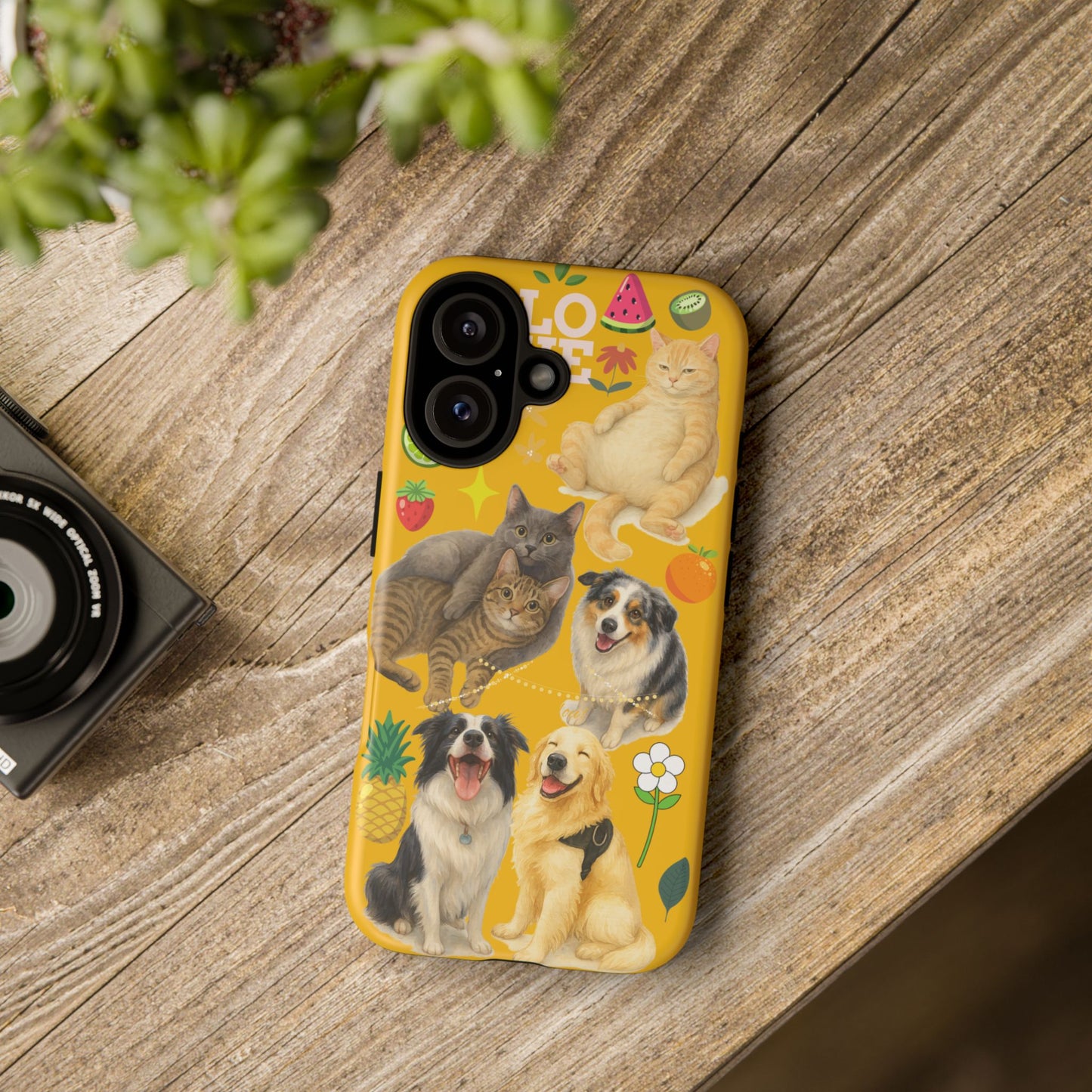 60A-5 Dog and Cat Printed Dual-Layer Phone Case In Yellow – Glossy or Matte Finish – iPhone & Android Compatible