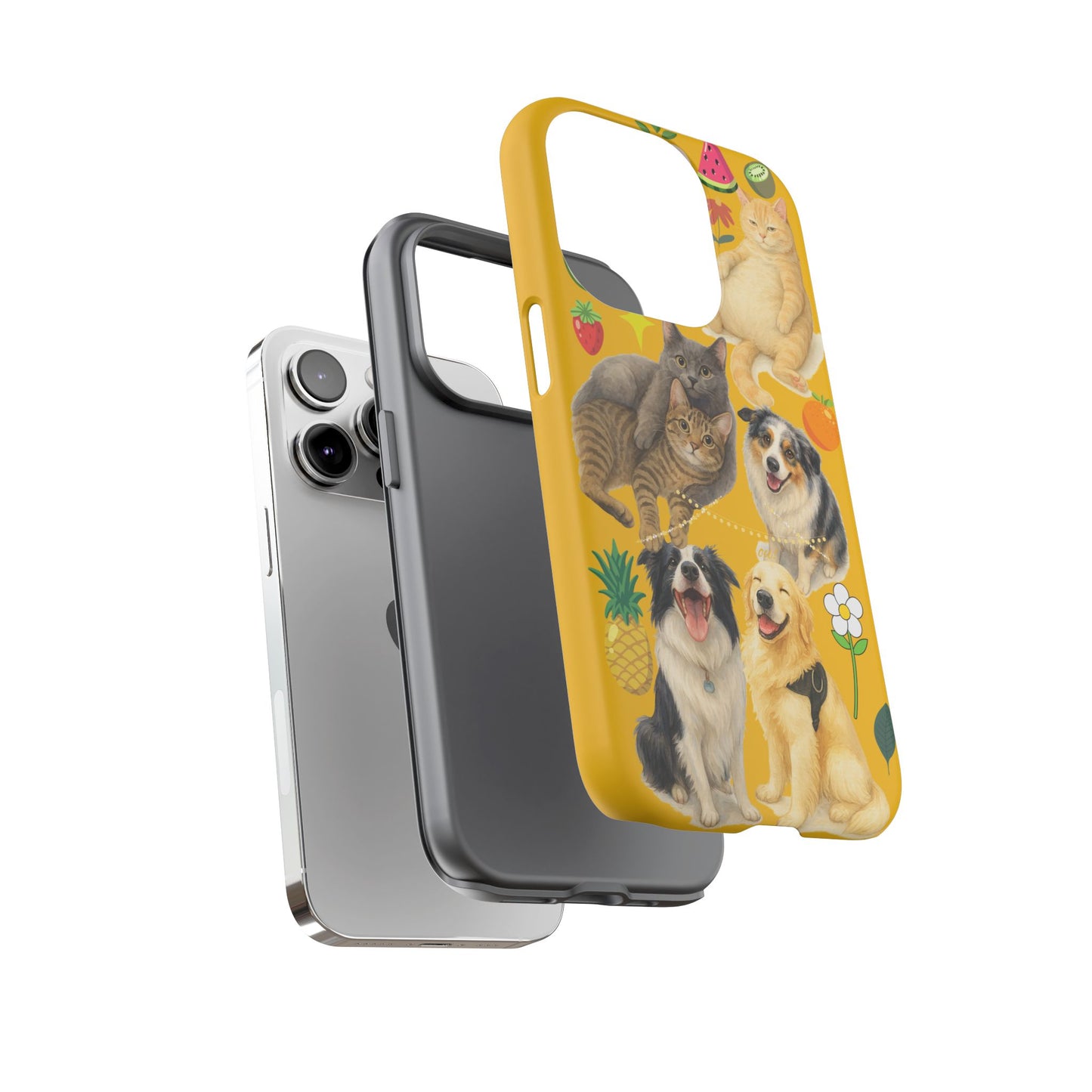 60A-5 Dog and Cat Printed Dual-Layer Phone Case In Yellow – Glossy or Matte Finish – iPhone & Android Compatible
