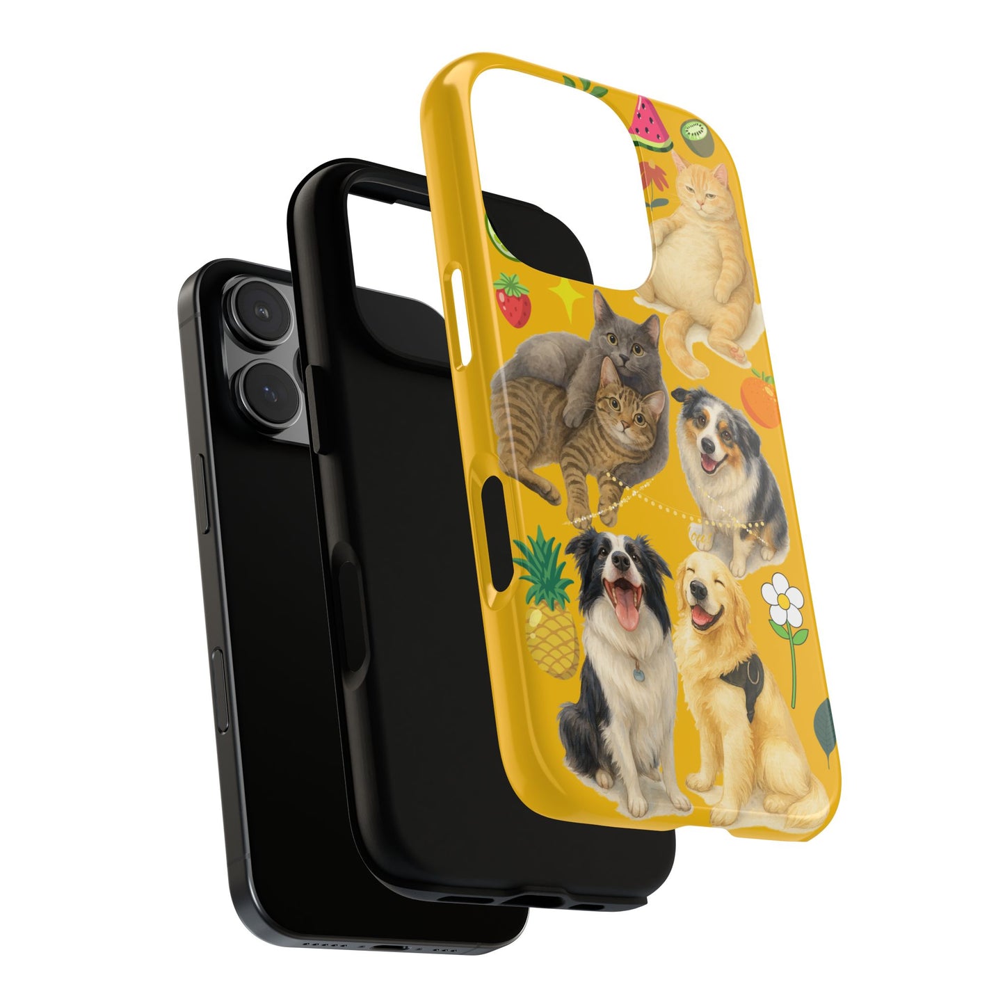60A-5 Dog and Cat Printed Dual-Layer Phone Case In Yellow – Glossy or Matte Finish – iPhone & Android Compatible