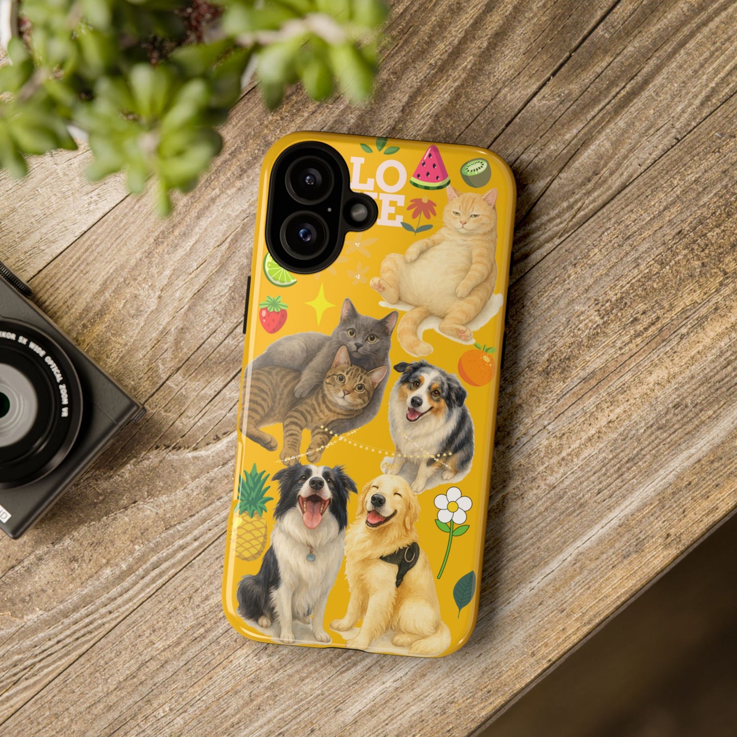 60A-5 Dog and Cat Printed Dual-Layer Phone Case In Yellow – Glossy or Matte Finish – iPhone & Android Compatible