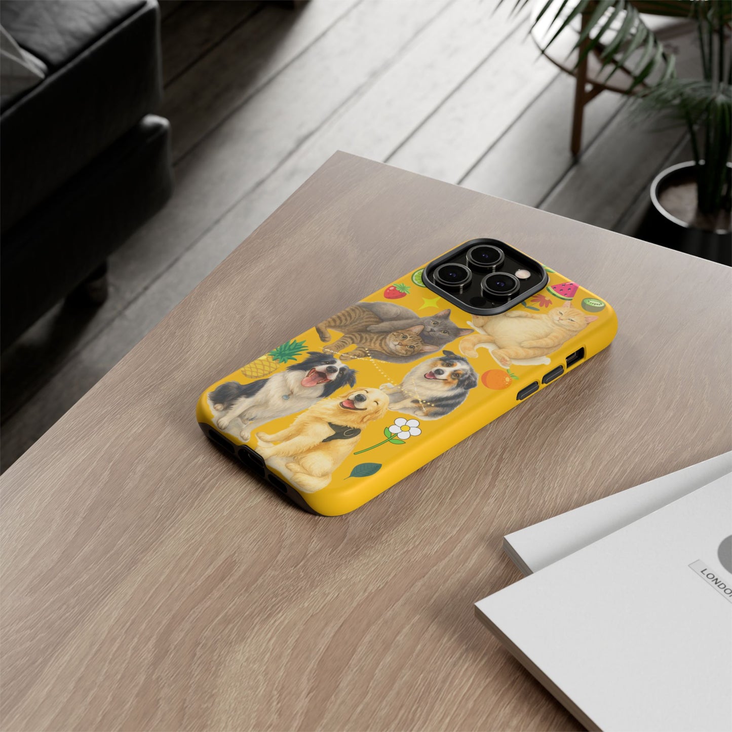 60A-5 Dog and Cat Printed Dual-Layer Phone Case In Yellow – Glossy or Matte Finish – iPhone & Android Compatible