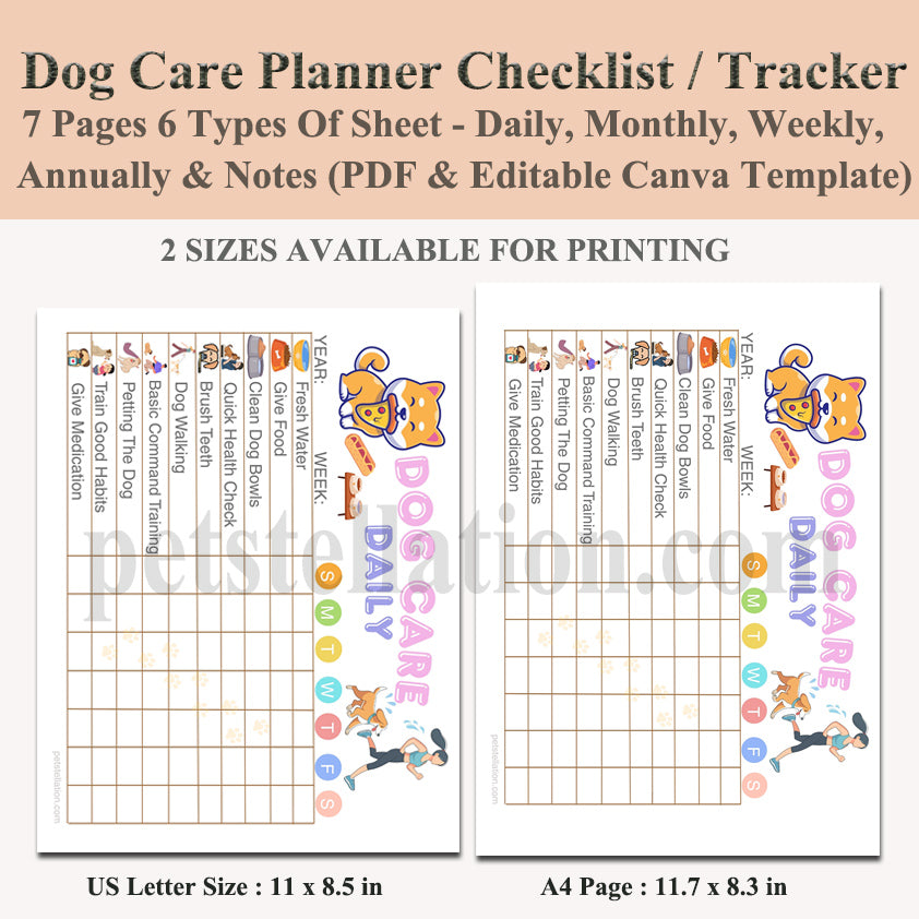 01D Ultimate Dog Care Planner - Daily, Weekly, Monthly & Yearly Schedule | PDF + Editable Canva Template | A4 & US Letter Sizes