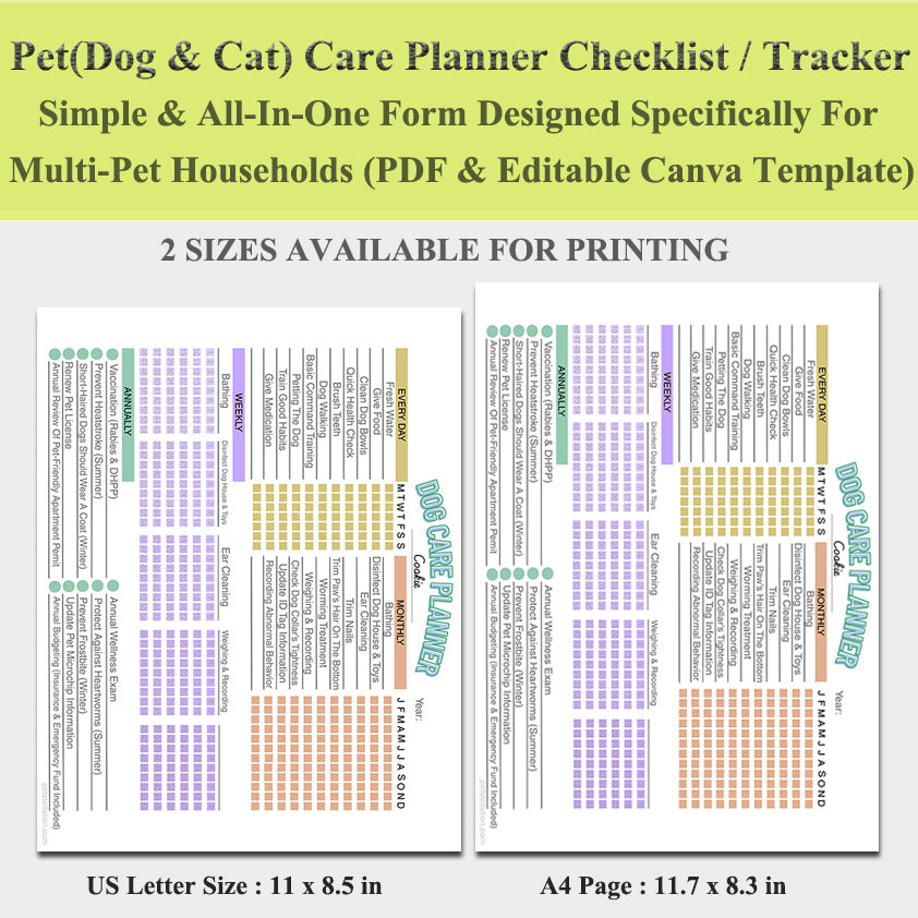 00E Multi-Pet Care Planner & Checklist | Printable PDF & Editable Canva Template | Dog & Cat Daily, Weekly, Monthly, Yearly Pet Tracker