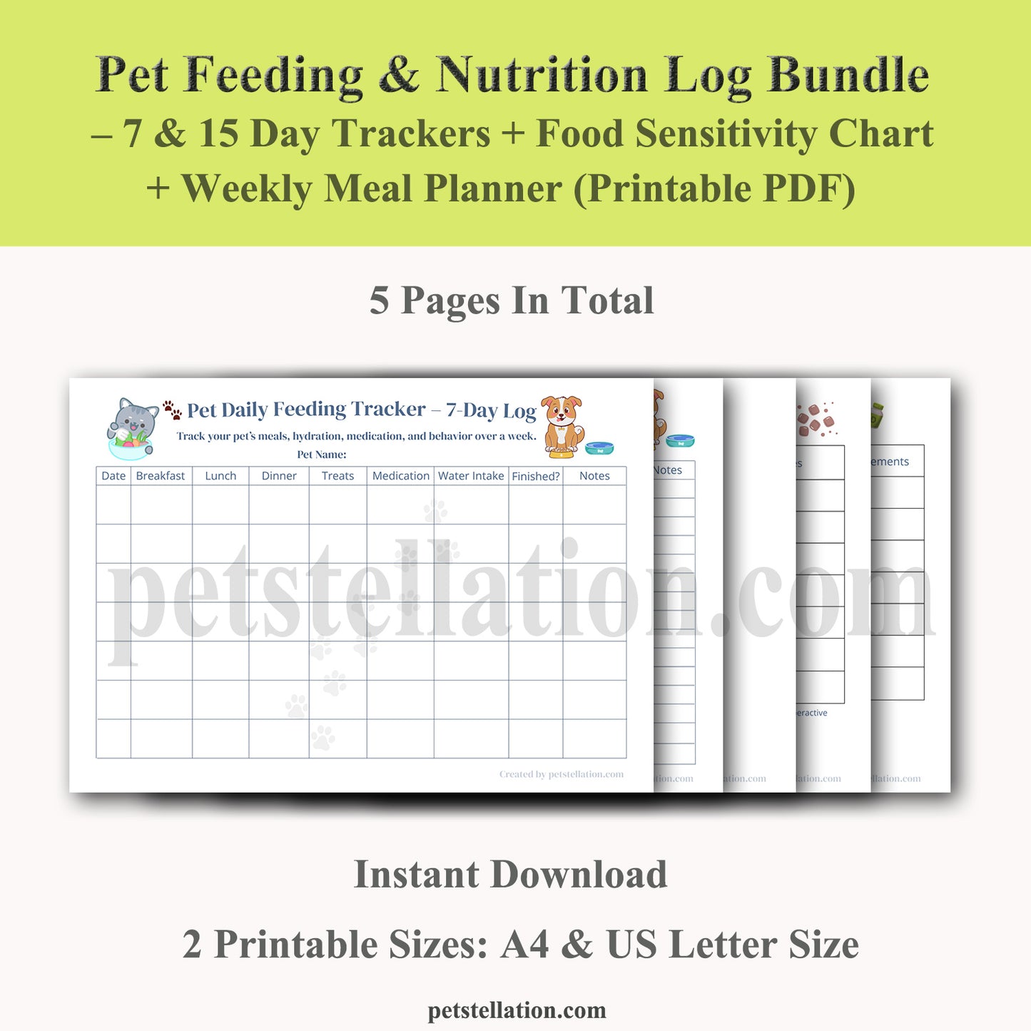00D7 Pet Feeding & Nutrition Log Bundle – 7 & 15 Day Trackers + Food Sensitivity Chart + Weekly Meal Planner (Printable PDF)