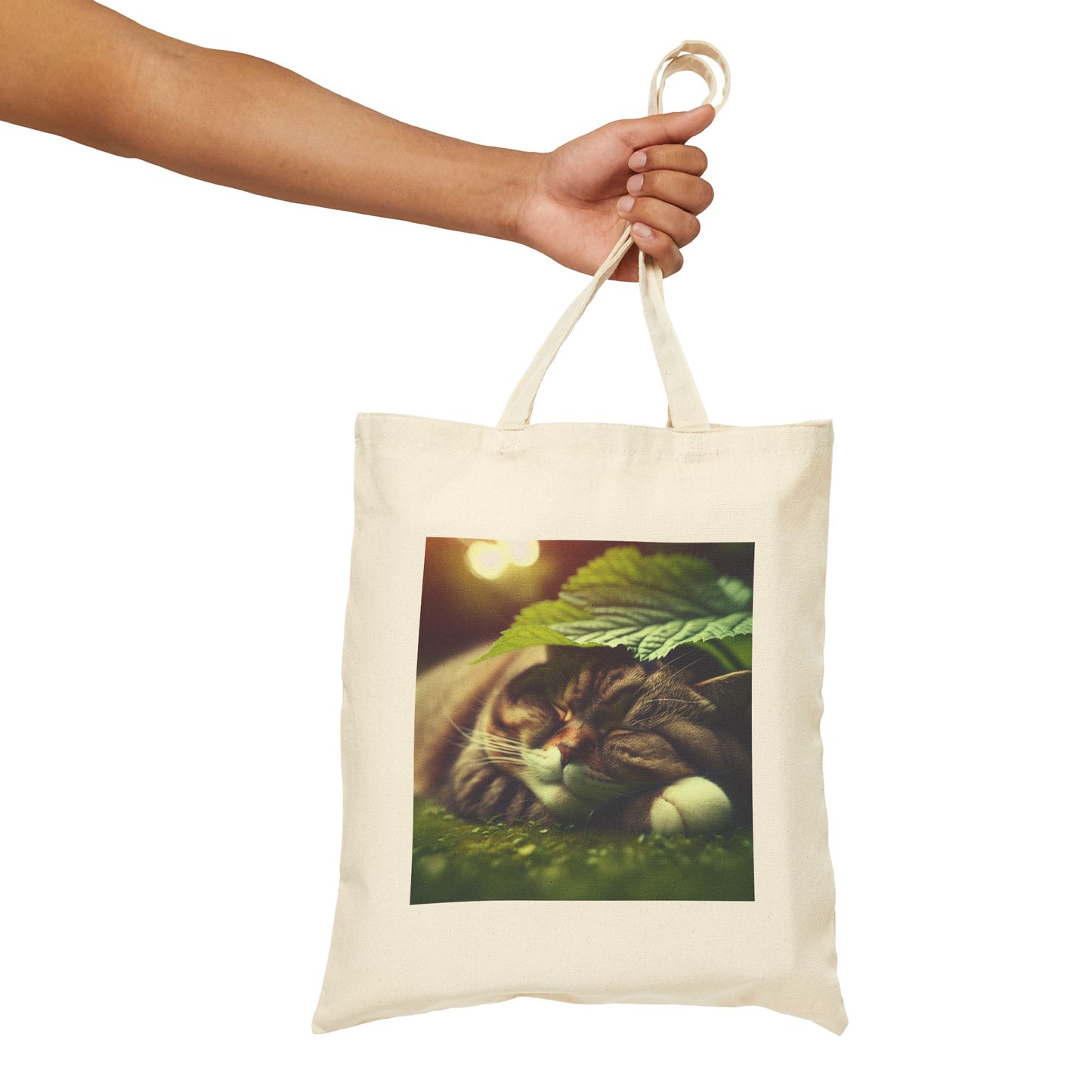 72B4 Cat Under Lotus Leaf Tote Bag – Moonlit Nature Scene on Cotton Canvas