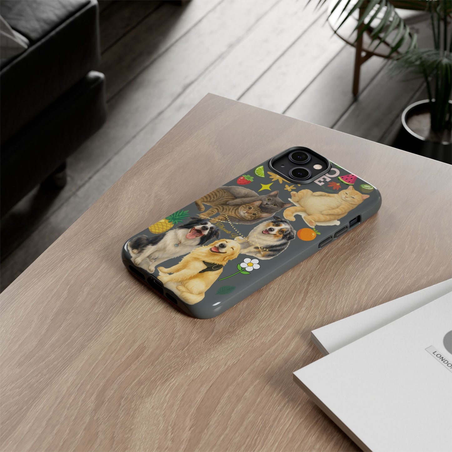 60A-7 Dog and Cat Printed Dual-Layer Phone Case In Dark Grey – Glossy or Matte Finish – iPhone & Android Compatible