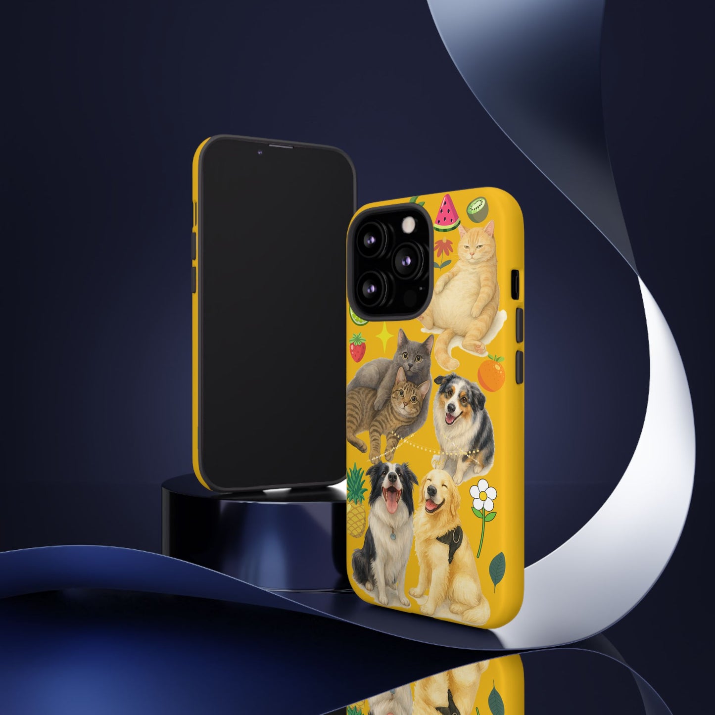 60A-5 Dog and Cat Printed Dual-Layer Phone Case In Yellow – Glossy or Matte Finish – iPhone & Android Compatible