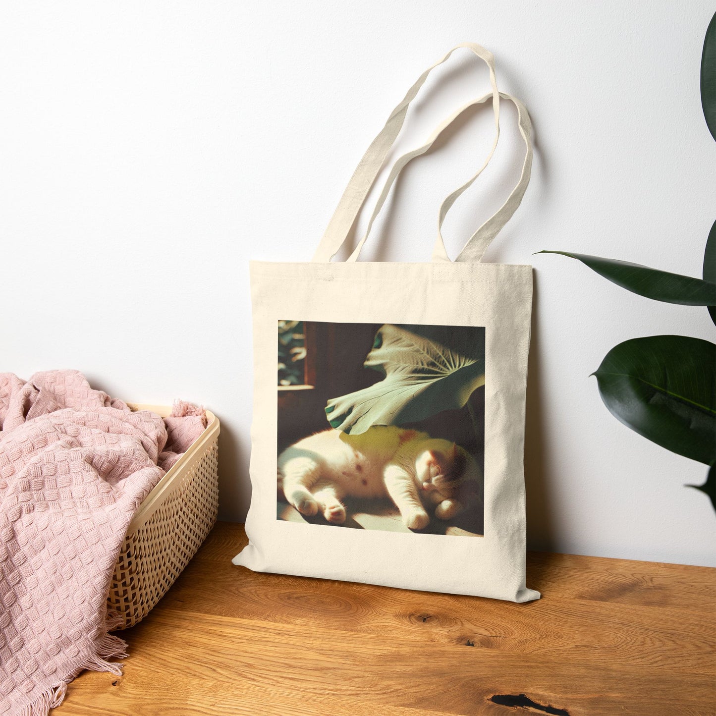 72B3 Lazy Cat Summer Tote Bag – Lotus Leaf Illustration on Heavy Cotton Canvas