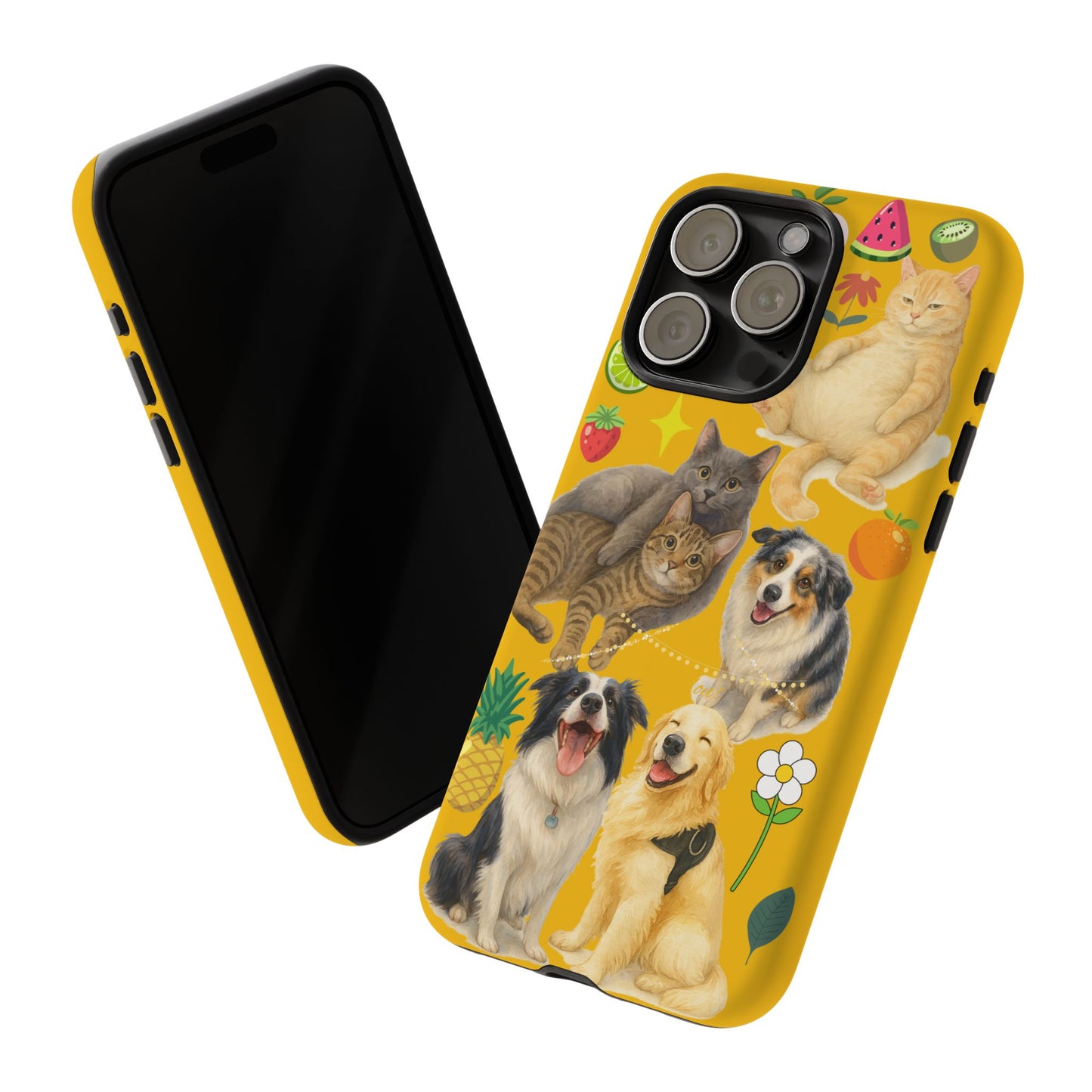 60A-5 Dog and Cat Printed Dual-Layer Phone Case In Yellow – Glossy or Matte Finish – iPhone & Android Compatible